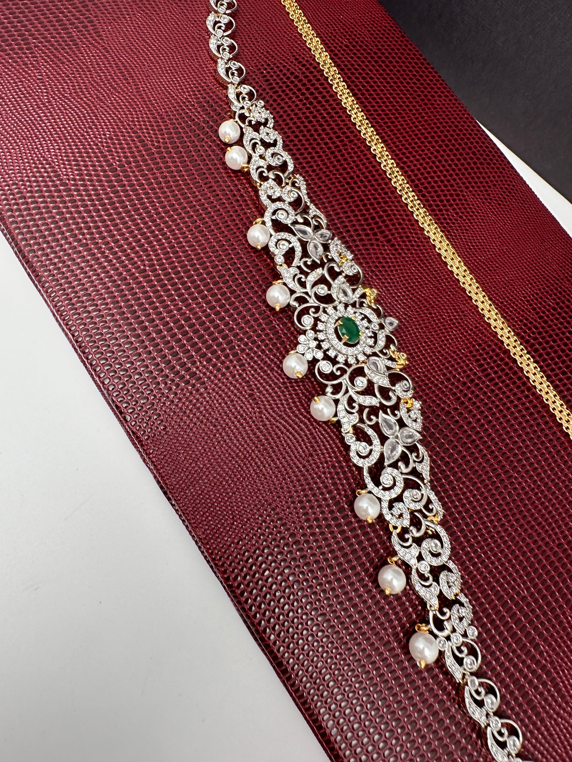 AD Ganga Jamuna Polish Color Stone Pearls Sleek Hip Chain Kamarbandh - Green