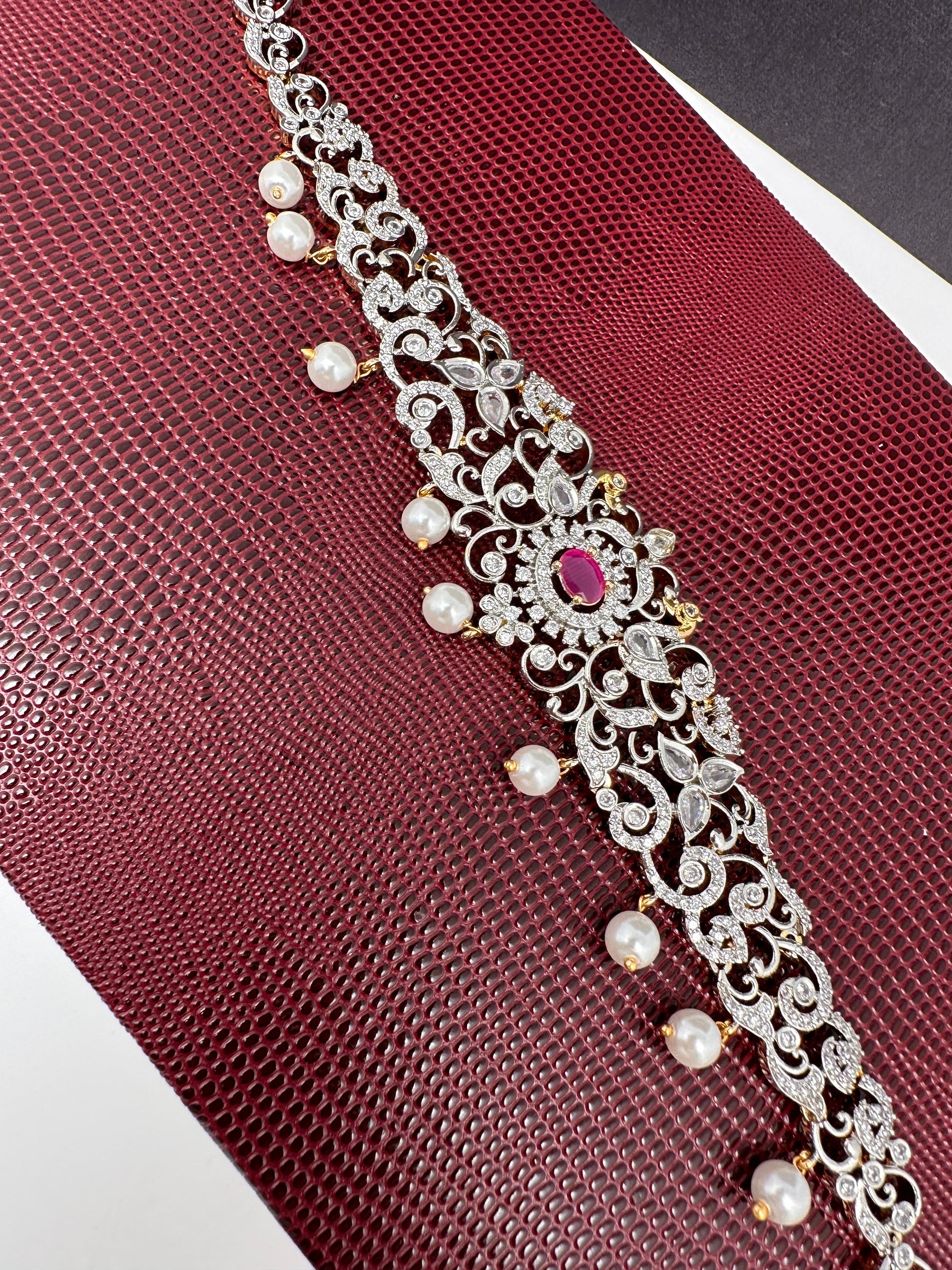 AD Ganga Jamuna Polish Color Stone Pearls Sleek Hip Chain Kamarbandh - Red