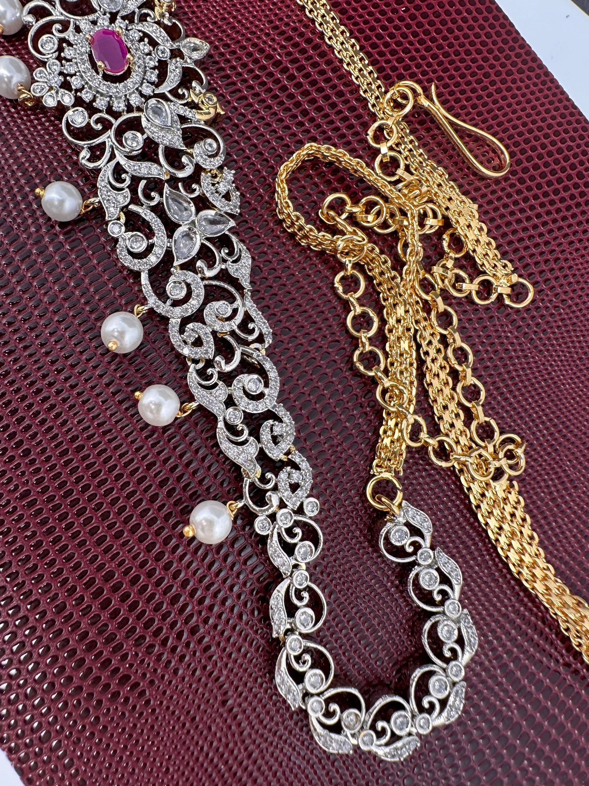 AD Ganga Jamuna Polish Color Stone Pearls Sleek Hip Chain Kamarbandh - Red