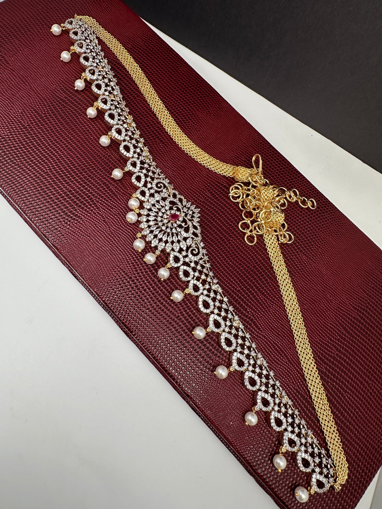 AD Ganga Jamuna Polish Color Stone Pearls Hip Chain Kamarbandh - Red