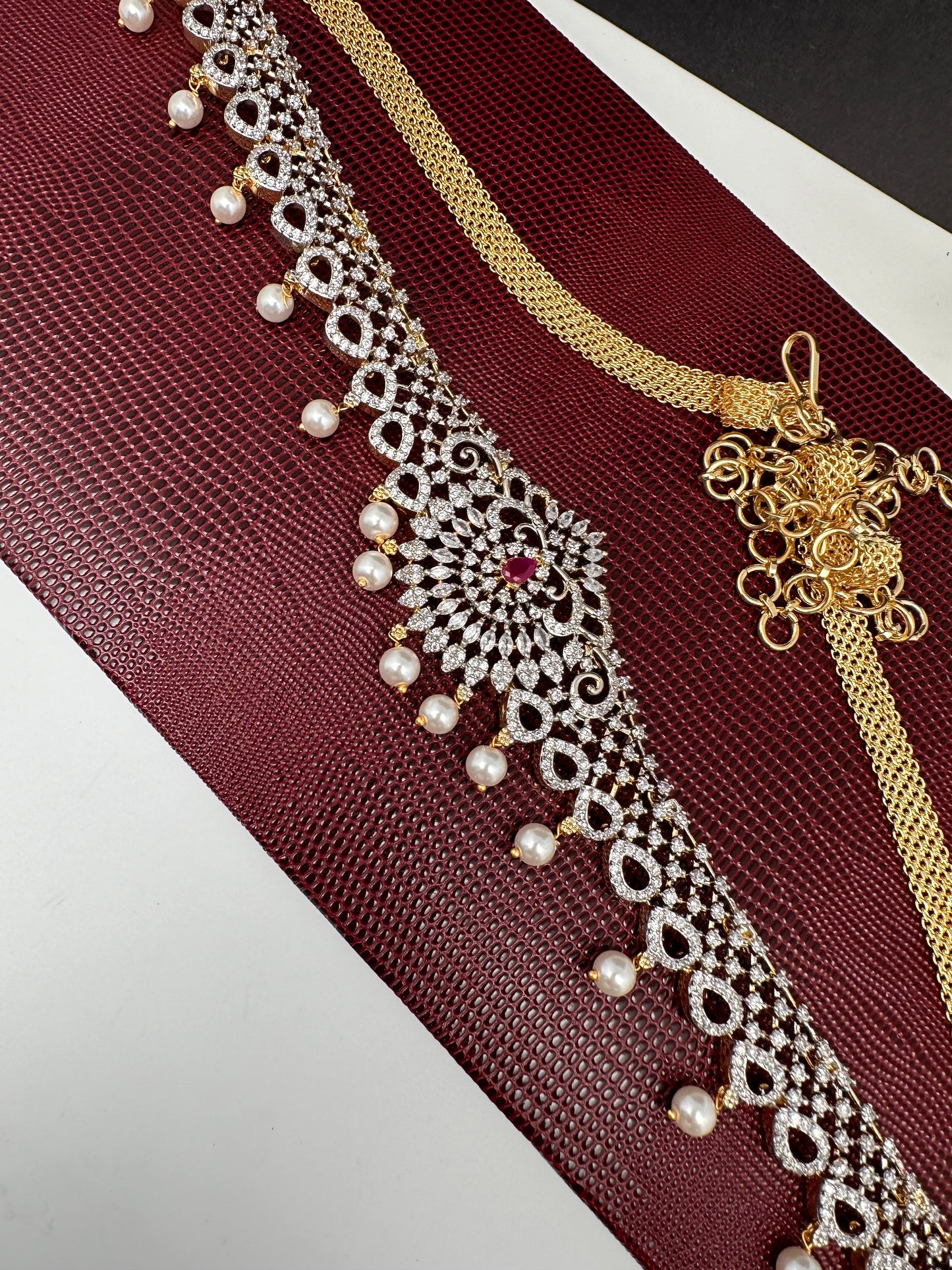 AD Ganga Jamuna Polish Color Stone Pearls Hip Chain Kamarbandh - Red