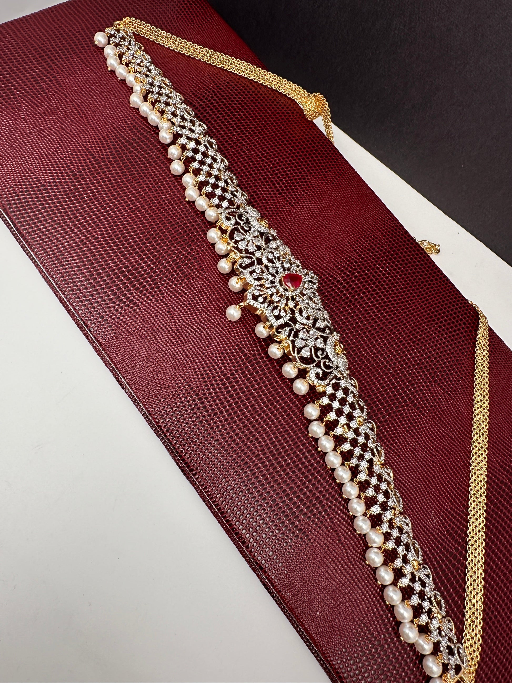 AD Ganga Jamuna Polish Color Stone Pearls Hip Chain Kamarbandh - Red