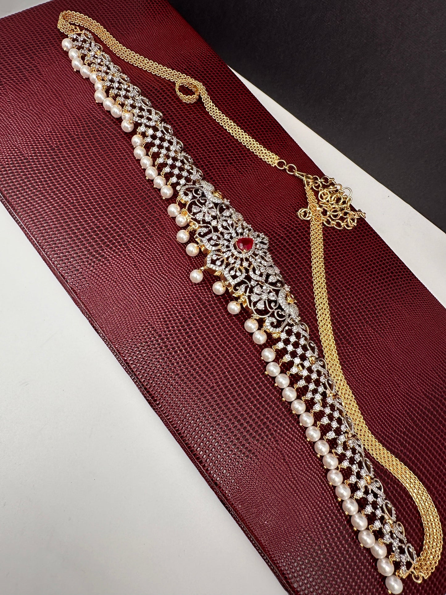 AD Ganga Jamuna Polish Color Stone Pearls Hip Chain Kamarbandh - Red