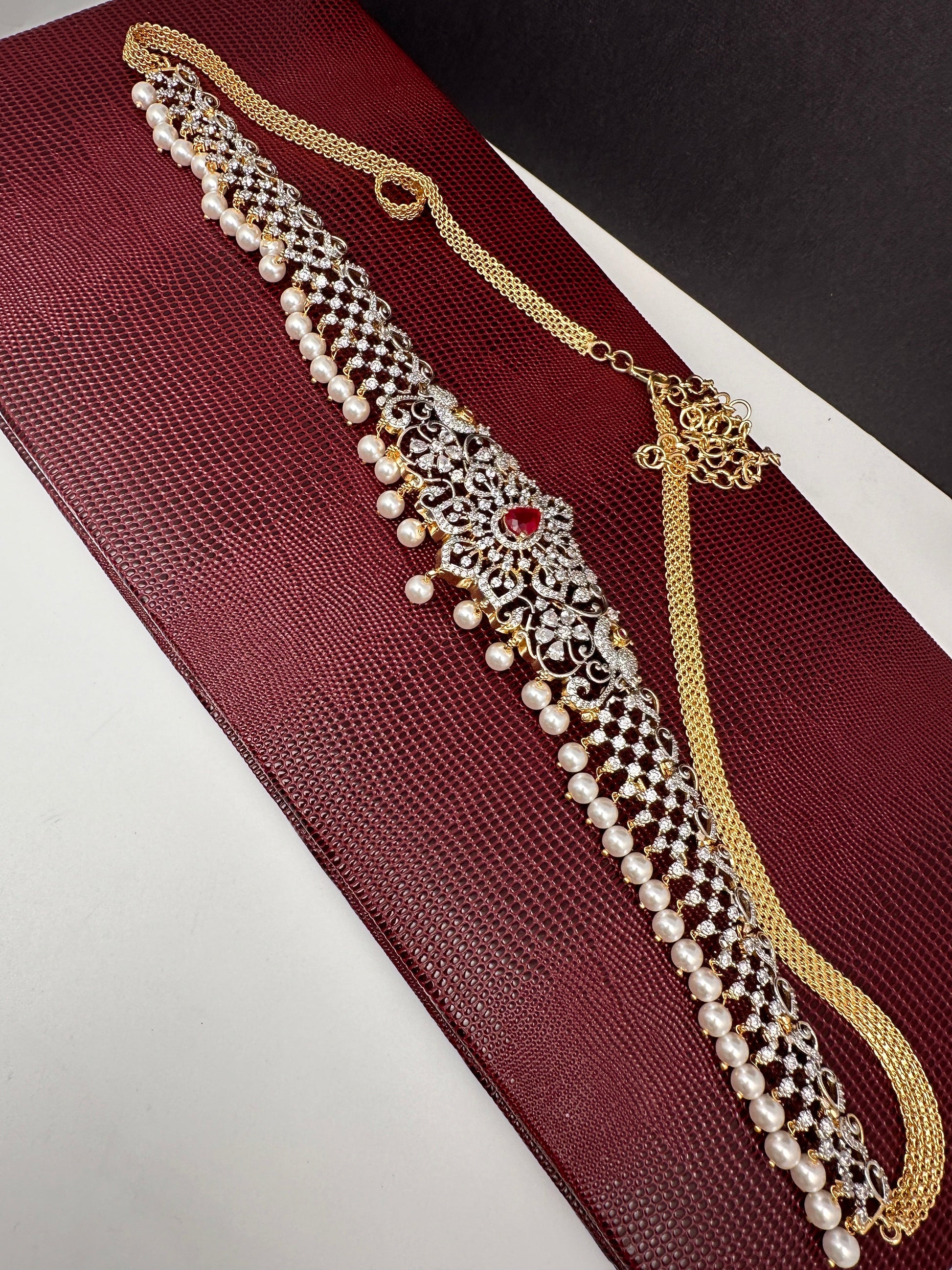 AD Ganga Jamuna Polish Color Stone Pearls Hip Chain Kamarbandh - Red