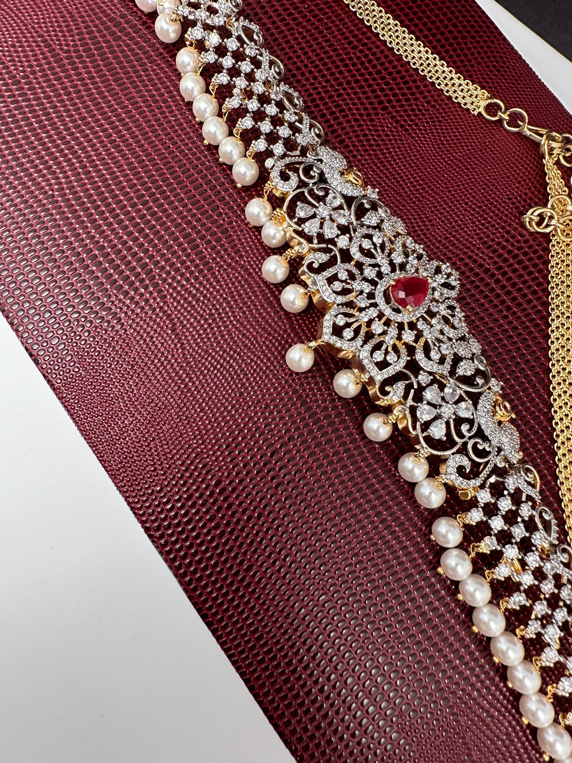 AD Ganga Jamuna Polish Color Stone Pearls Hip Chain Kamarbandh - Red