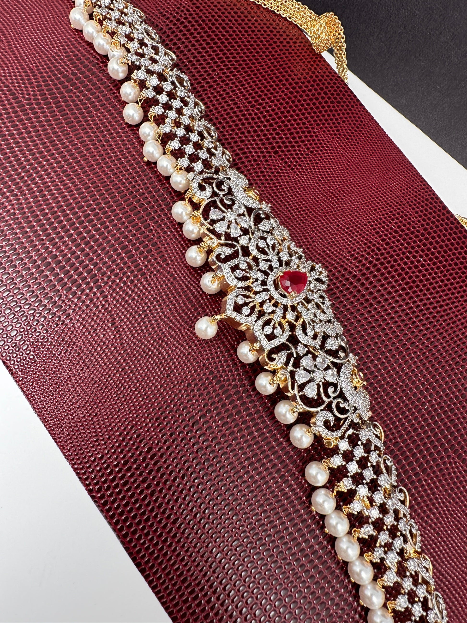 AD Ganga Jamuna Polish Color Stone Pearls Hip Chain Kamarbandh - Red