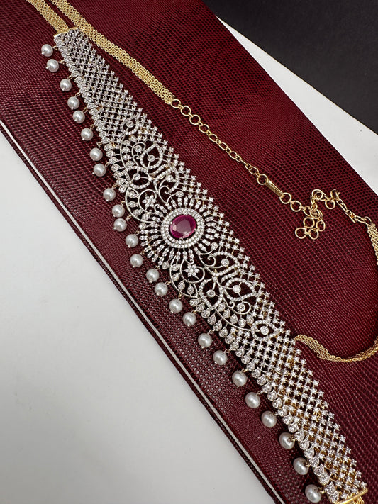 AD Ganga Jamuna Polish Color Stone Pearls Hip Chain Kamarbandh - Red