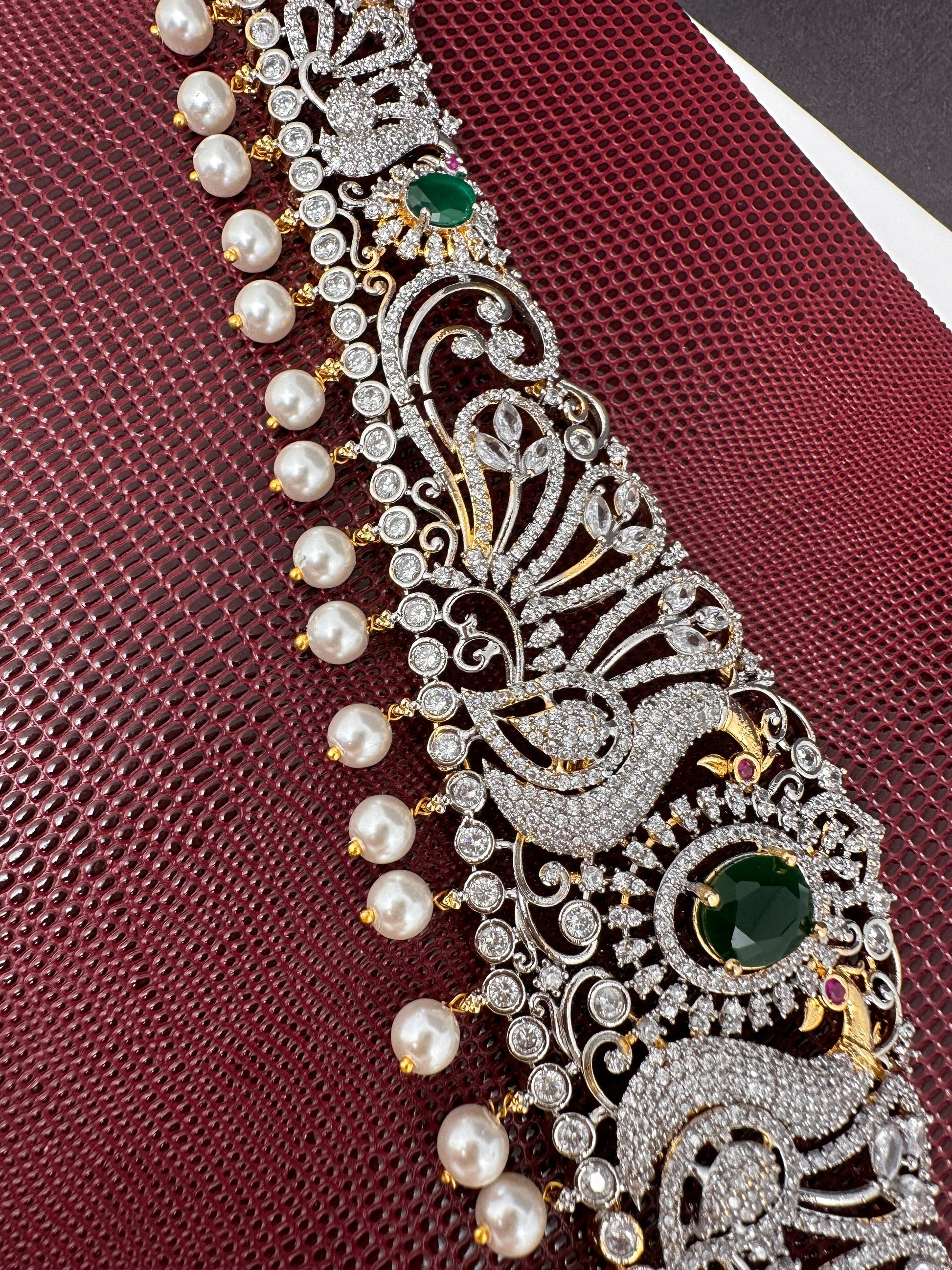 AD Ganga Jamuna Polish Color Stone Pearls Peacock Design Hip Chain Kamarbandh - Green