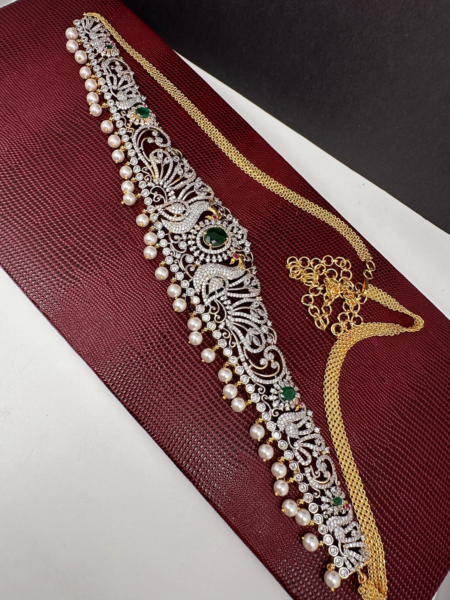 AD Ganga Jamuna Polish Color Stone Pearls Peacock Design Hip Chain Kamarbandh - Green