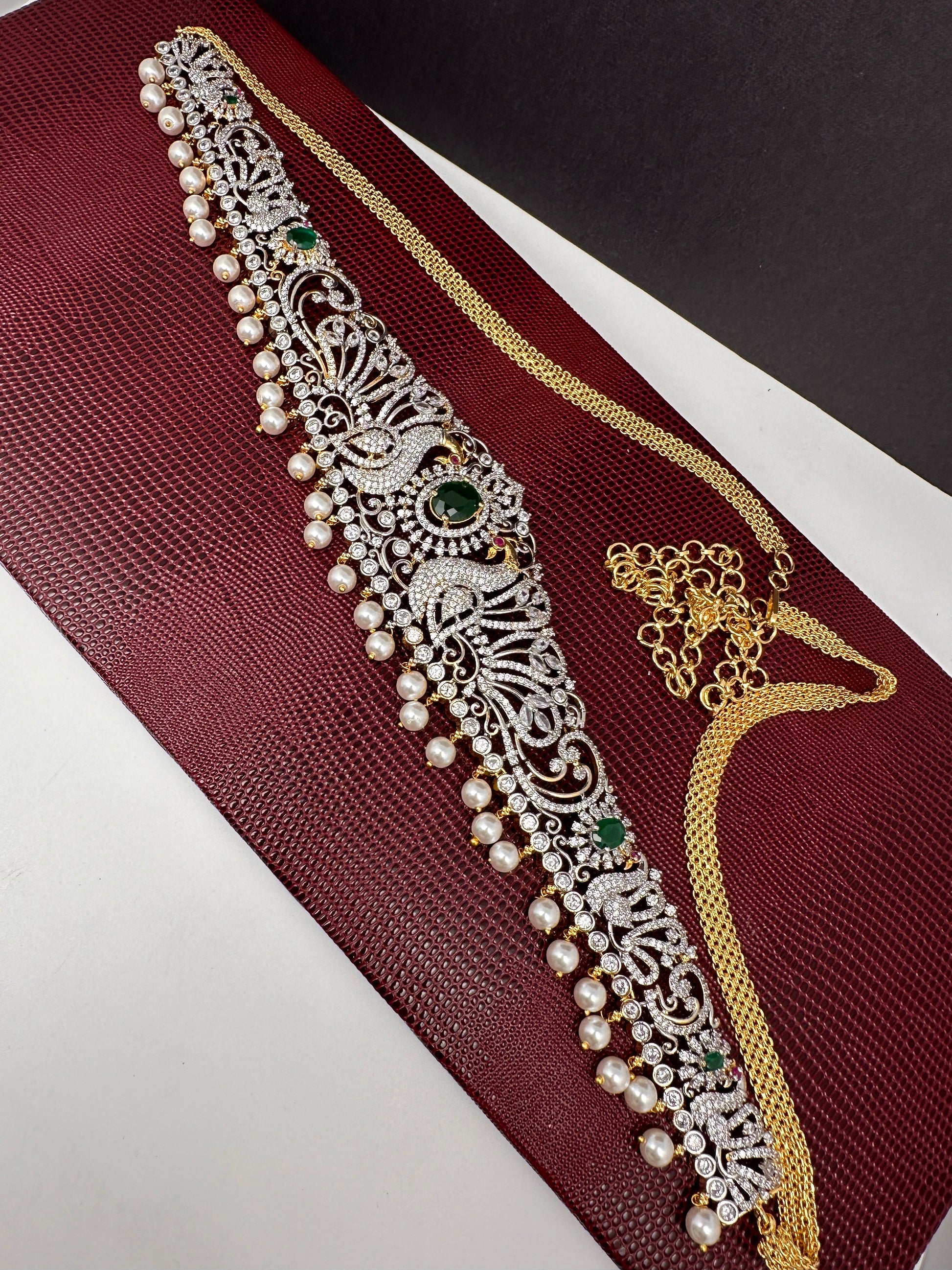 AD Ganga Jamuna Polish Color Stone Pearls Peacock Design Hip Chain Kamarbandh - Green