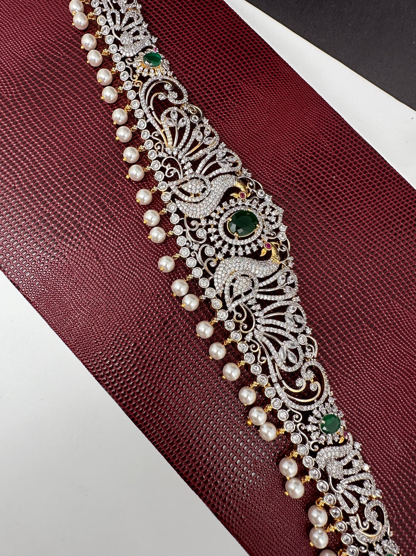 AD Ganga Jamuna Polish Color Stone Pearls Peacock Design Hip Chain Kamarbandh - Green