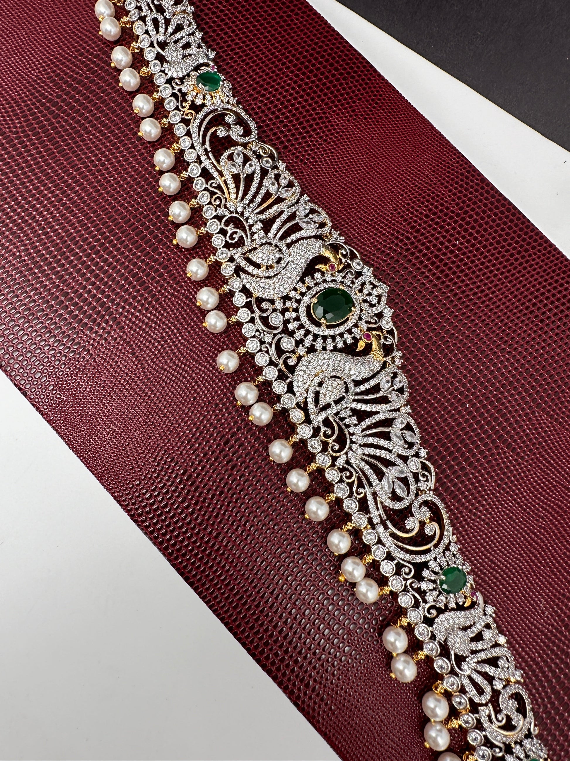 AD Ganga Jamuna Polish Color Stone Pearls Peacock Design Hip Chain Kamarbandh - Green