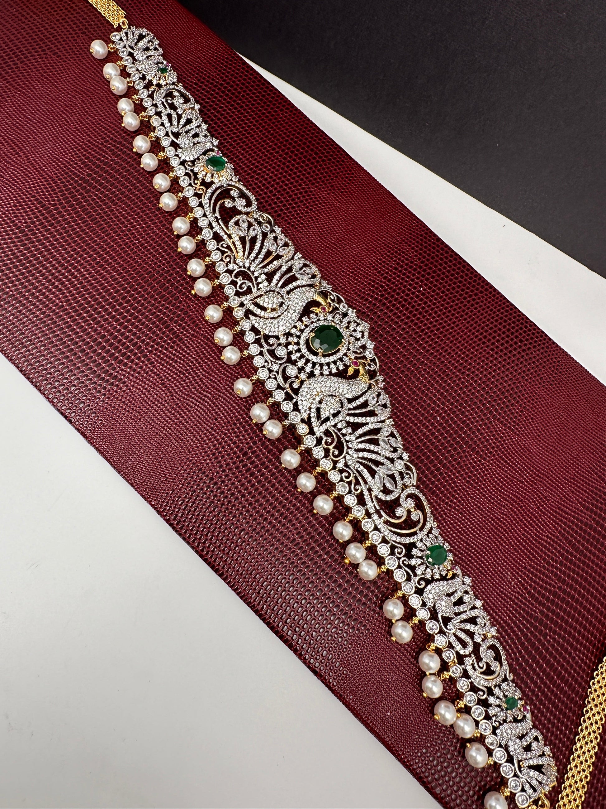AD Ganga Jamuna Polish Color Stone Pearls Peacock Design Hip Chain Kamarbandh - Green