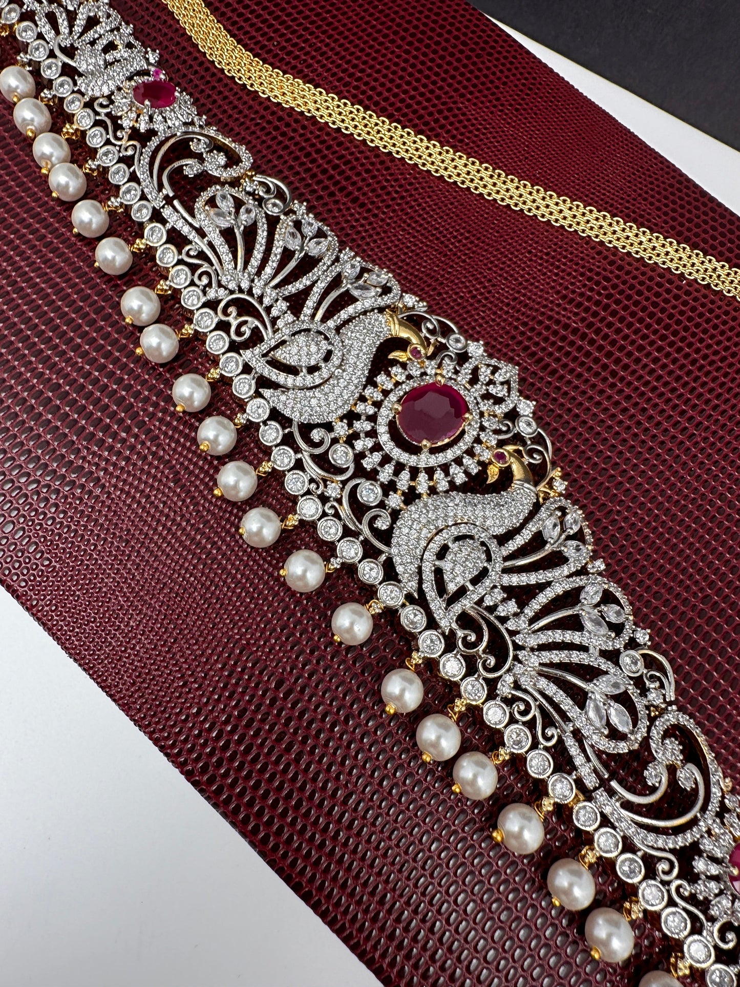 AD Ganga Jamuna Polish Color Stone Pearls Peacock Design Hip Chain Kamarbandh - Red