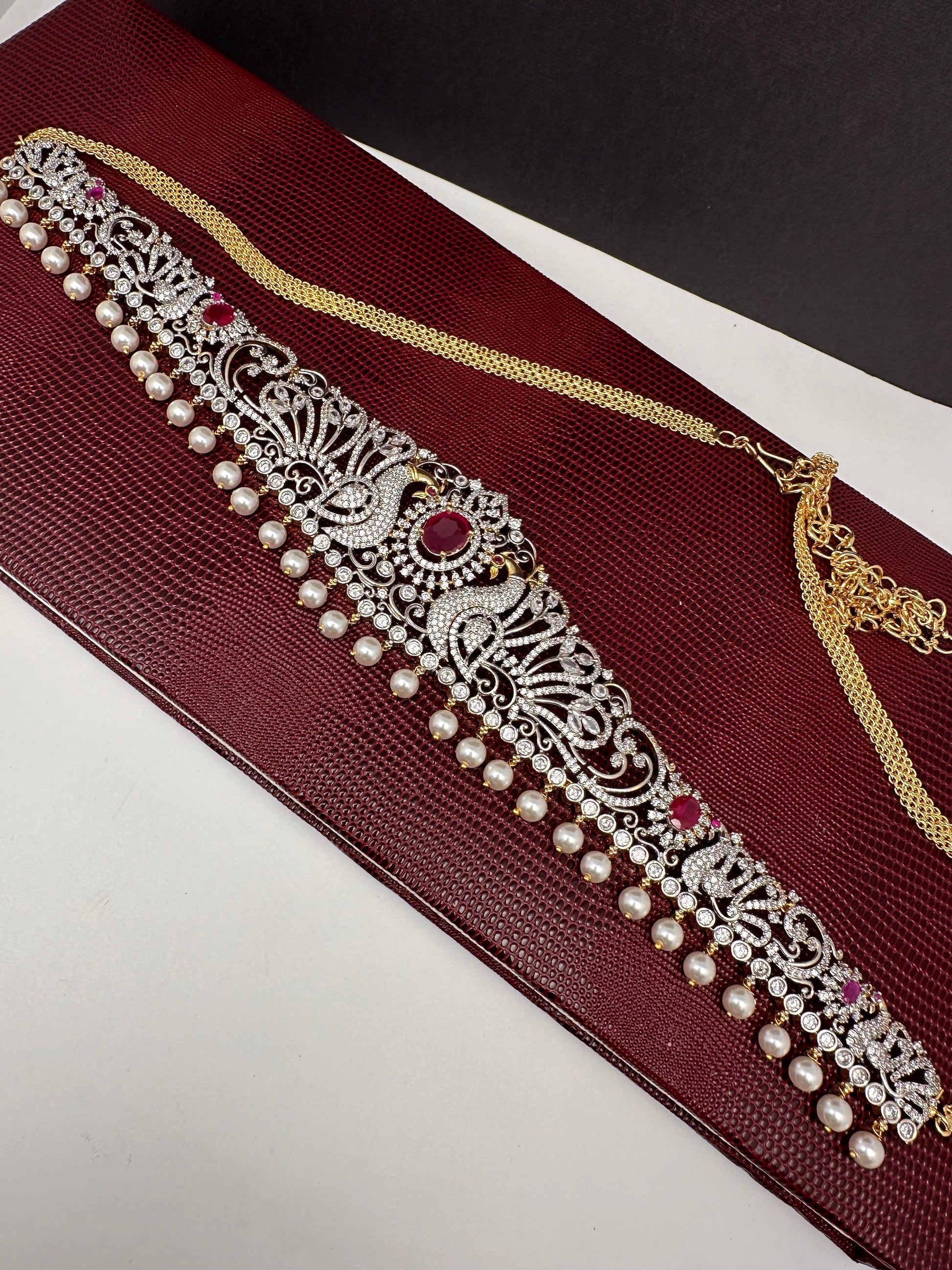 AD Ganga Jamuna Polish Color Stone Pearls Peacock Design Hip Chain Kamarbandh - Red