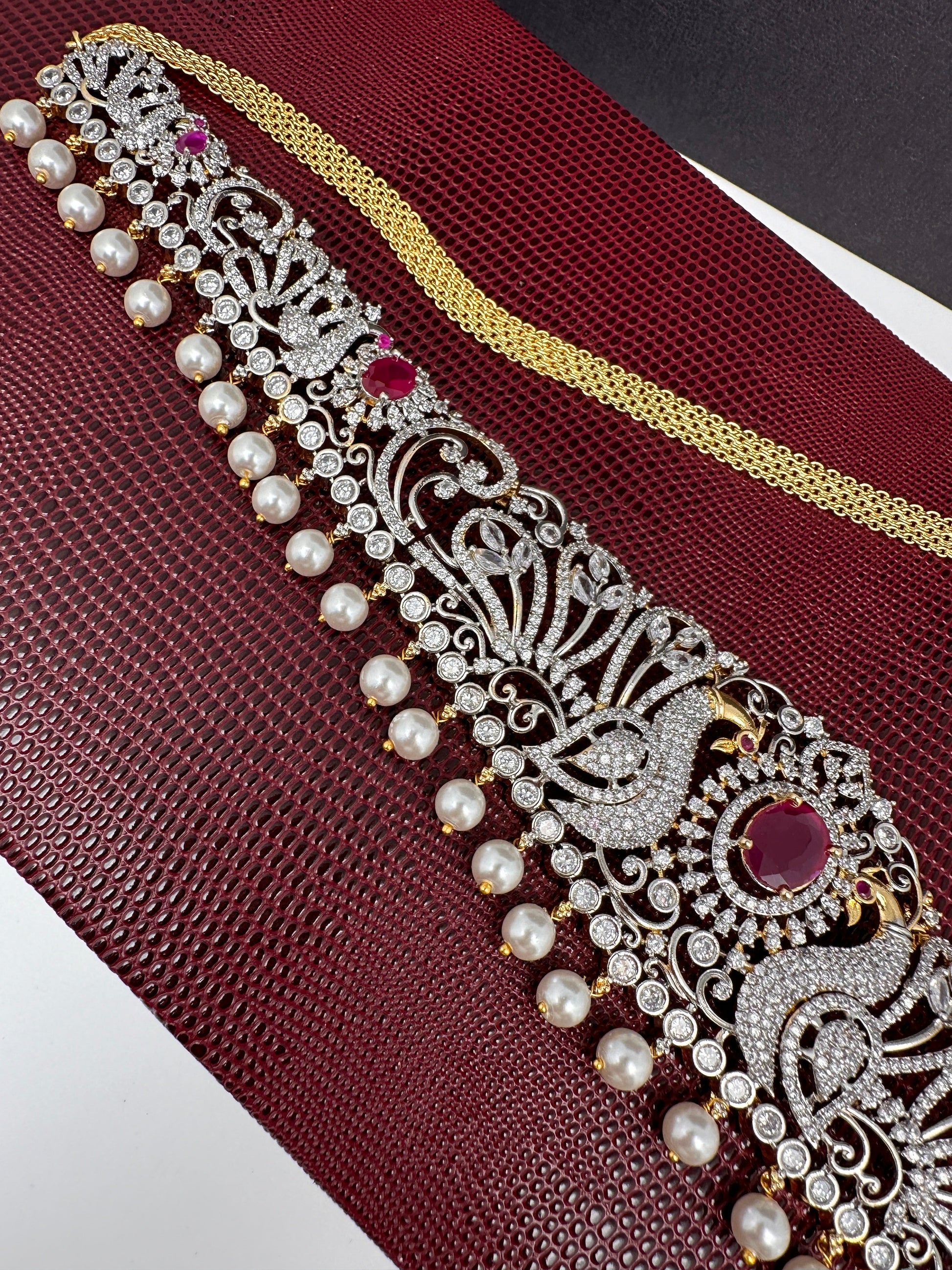 AD Ganga Jamuna Polish Color Stone Pearls Peacock Design Hip Chain Kamarbandh - Red