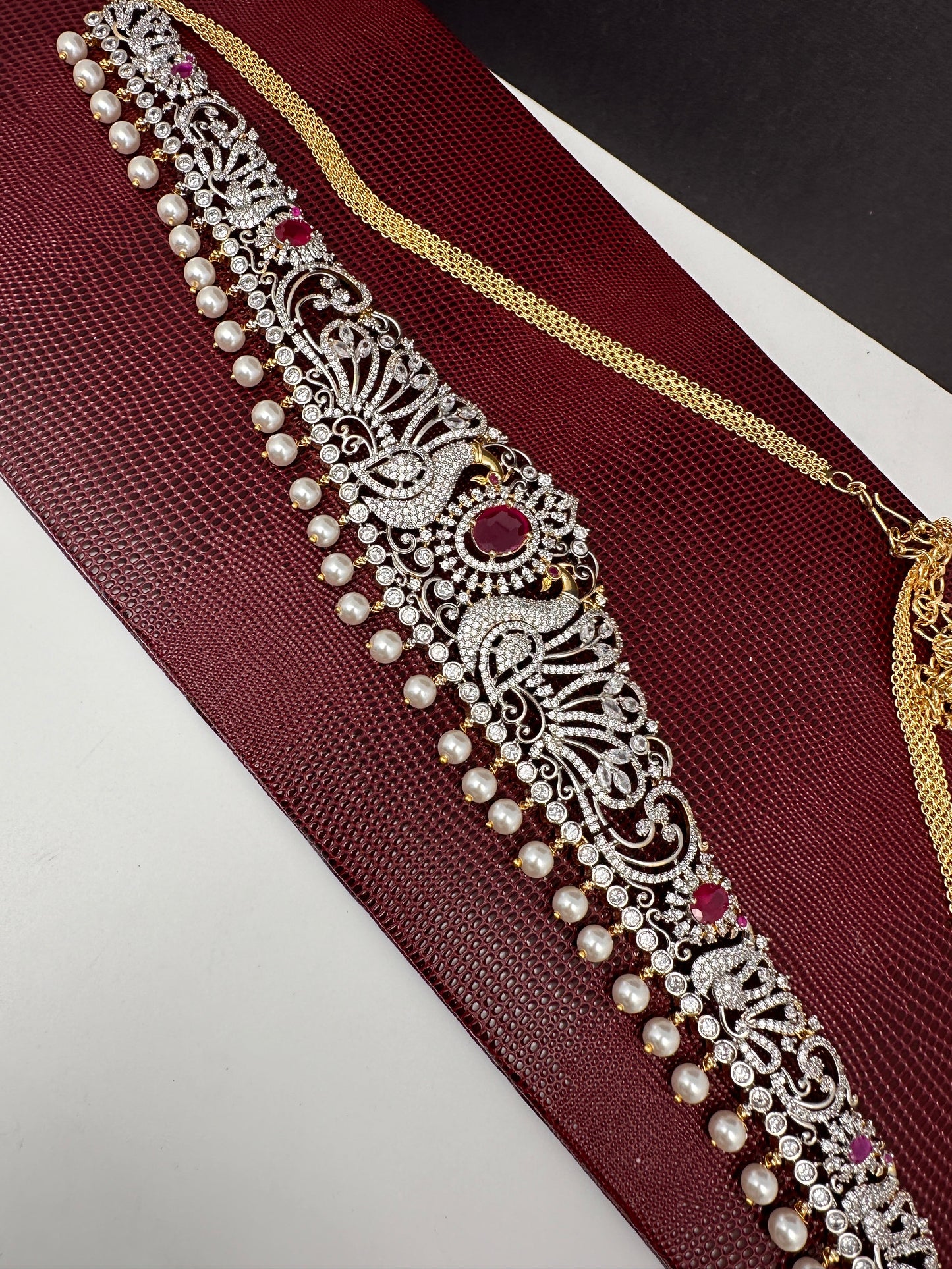 AD Ganga Jamuna Polish Color Stone Pearls Peacock Design Hip Chain Kamarbandh - Red