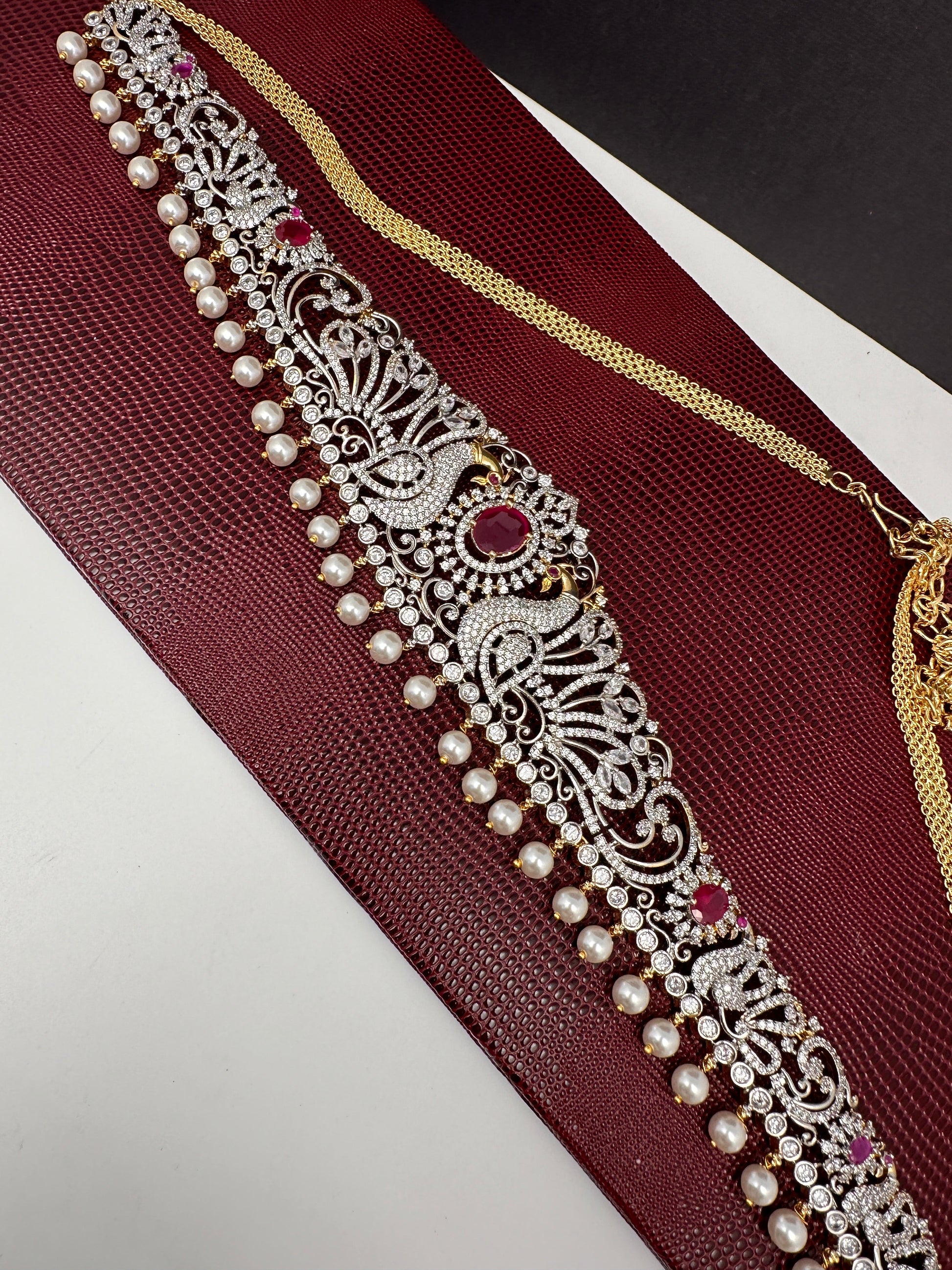 AD Ganga Jamuna Polish Color Stone Pearls Peacock Design Hip Chain Kamarbandh - Red