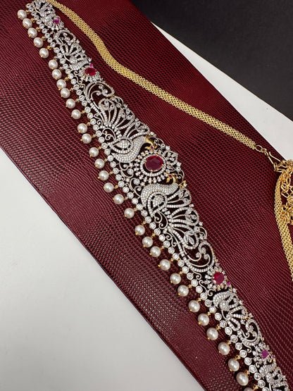AD Ganga Jamuna Polish Color Stone Pearls Peacock Design Hip Chain Kamarbandh - Red
