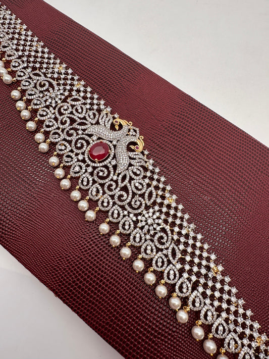AD Ganga Jamuna Polish Color Stone Pearls Peacock Design Hip Chain Kamarbandh - Red