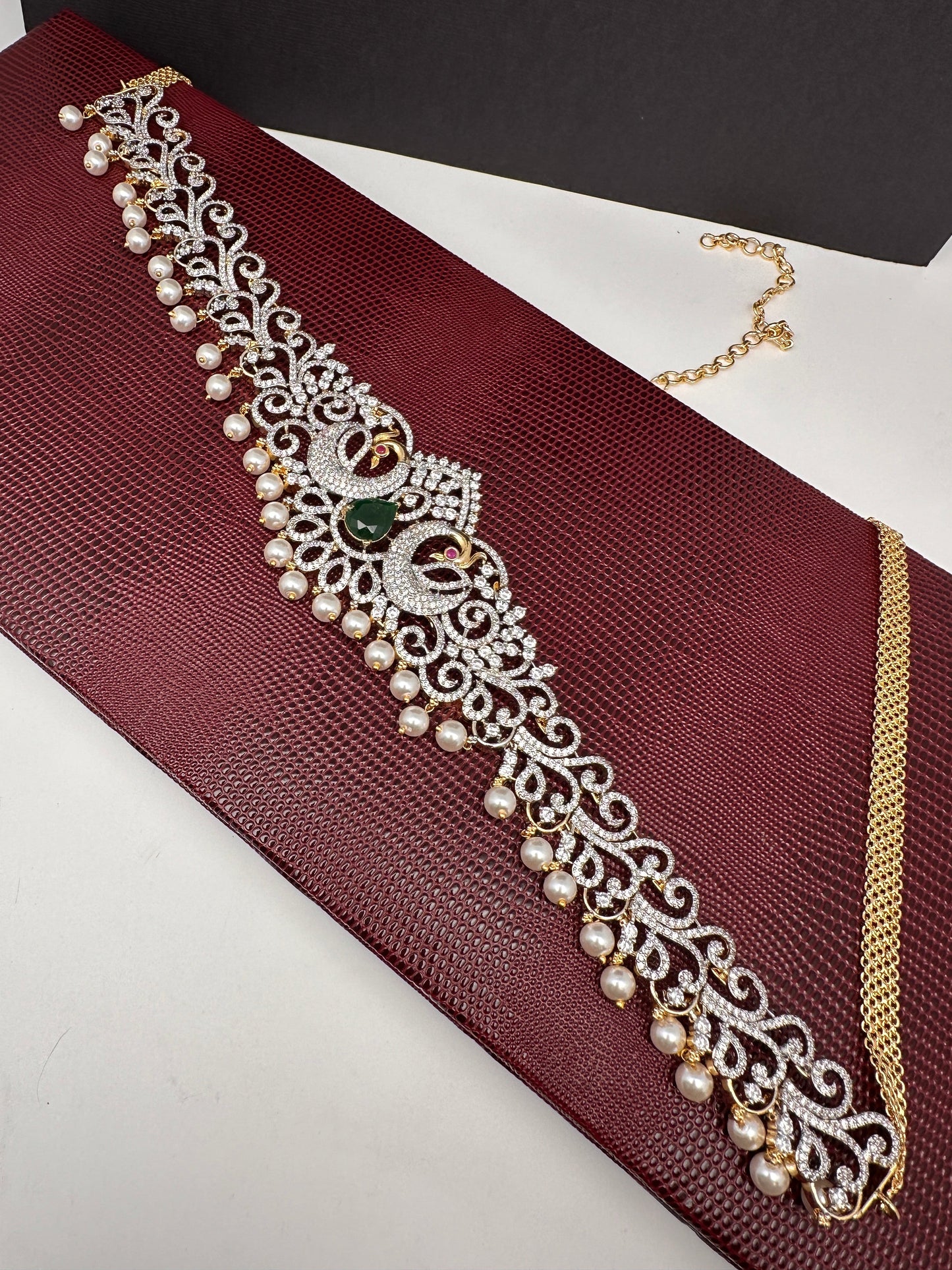 AD Ganga Jamuna Polish Color Stone Pearls Peacock Design Hip Chain Kamarbandh - Green