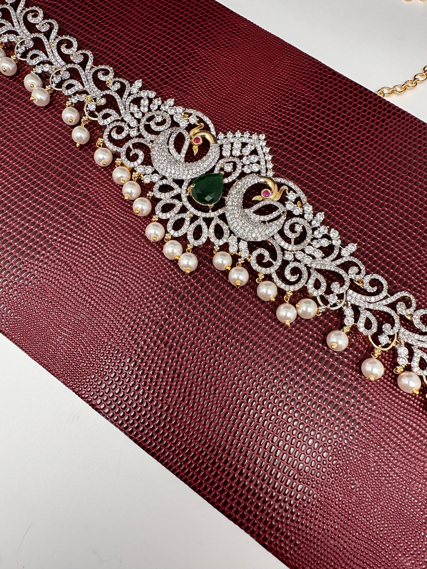 AD Ganga Jamuna Polish Color Stone Pearls Peacock Design Hip Chain Kamarbandh - Green