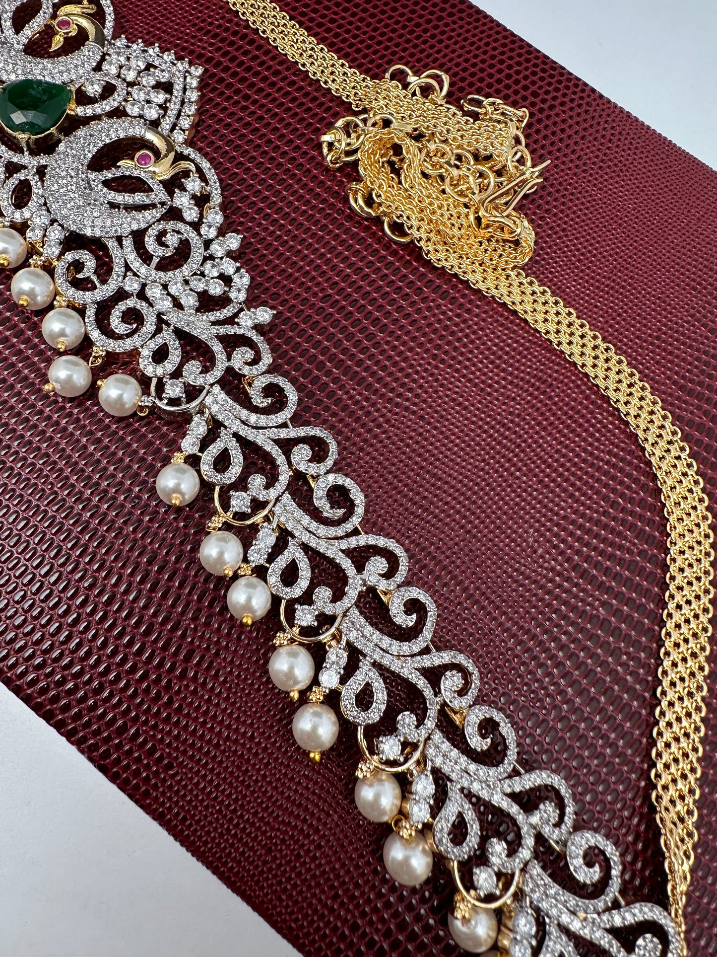 AD Ganga Jamuna Polish Color Stone Pearls Peacock Design Hip Chain Kamarbandh - Green