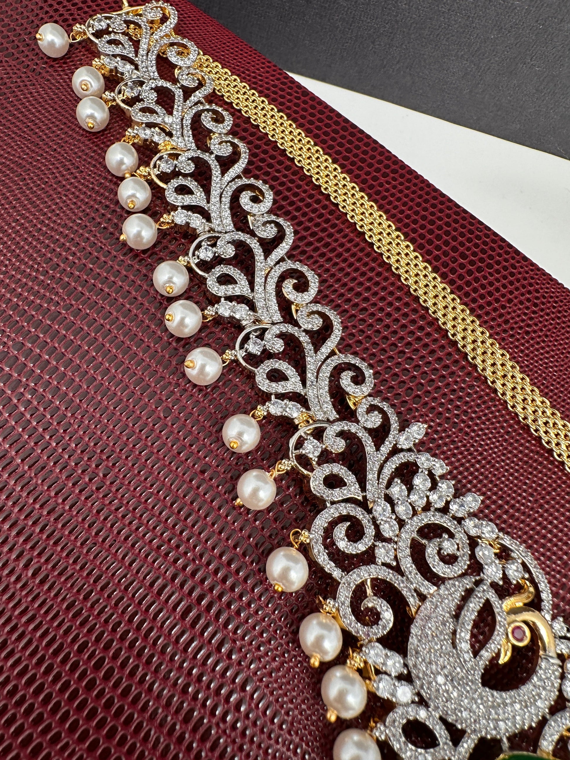 AD Ganga Jamuna Polish Color Stone Pearls Peacock Design Hip Chain Kamarbandh - Green