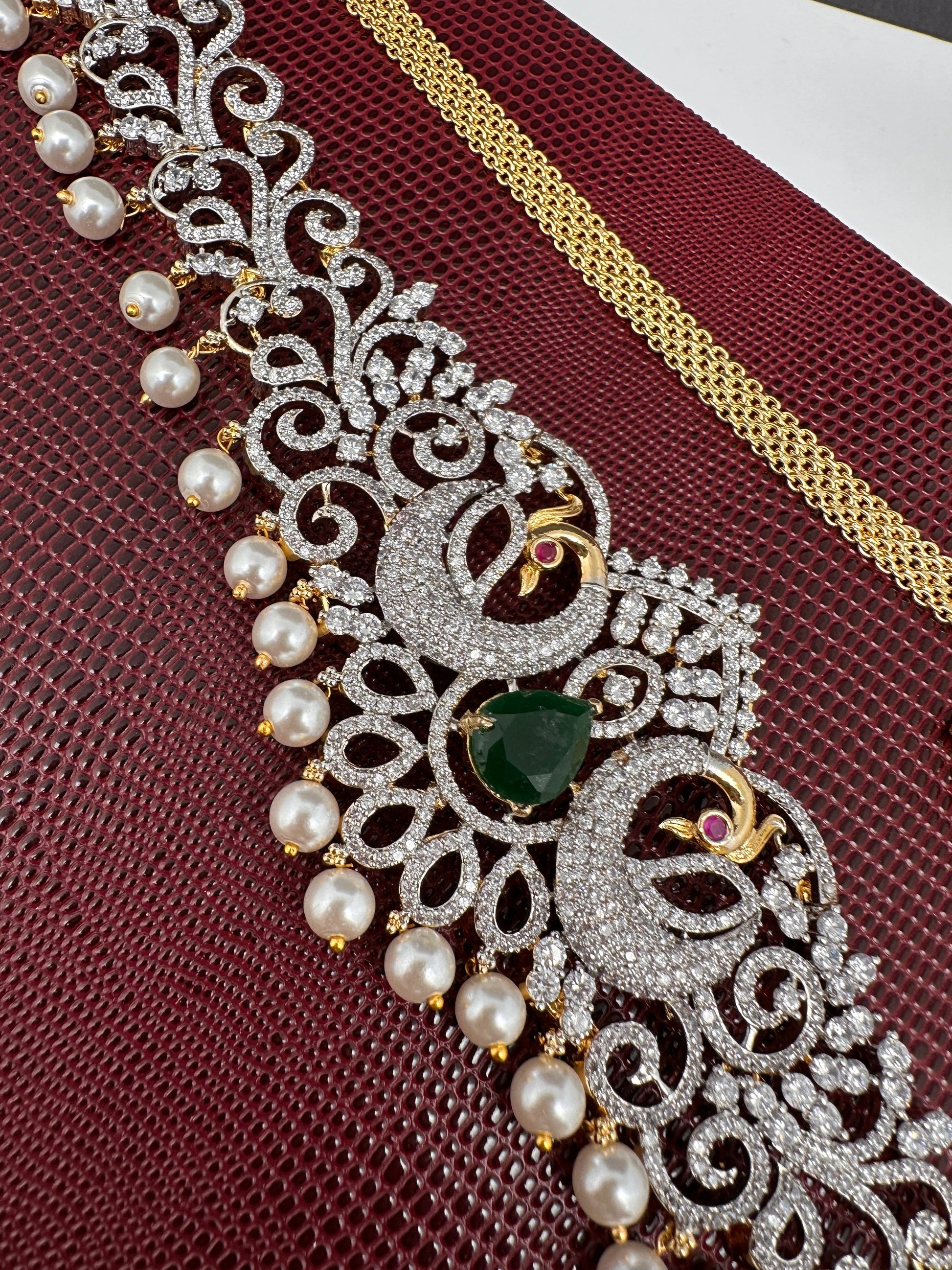 AD Ganga Jamuna Polish Color Stone Pearls Peacock Design Hip Chain Kamarbandh - Green