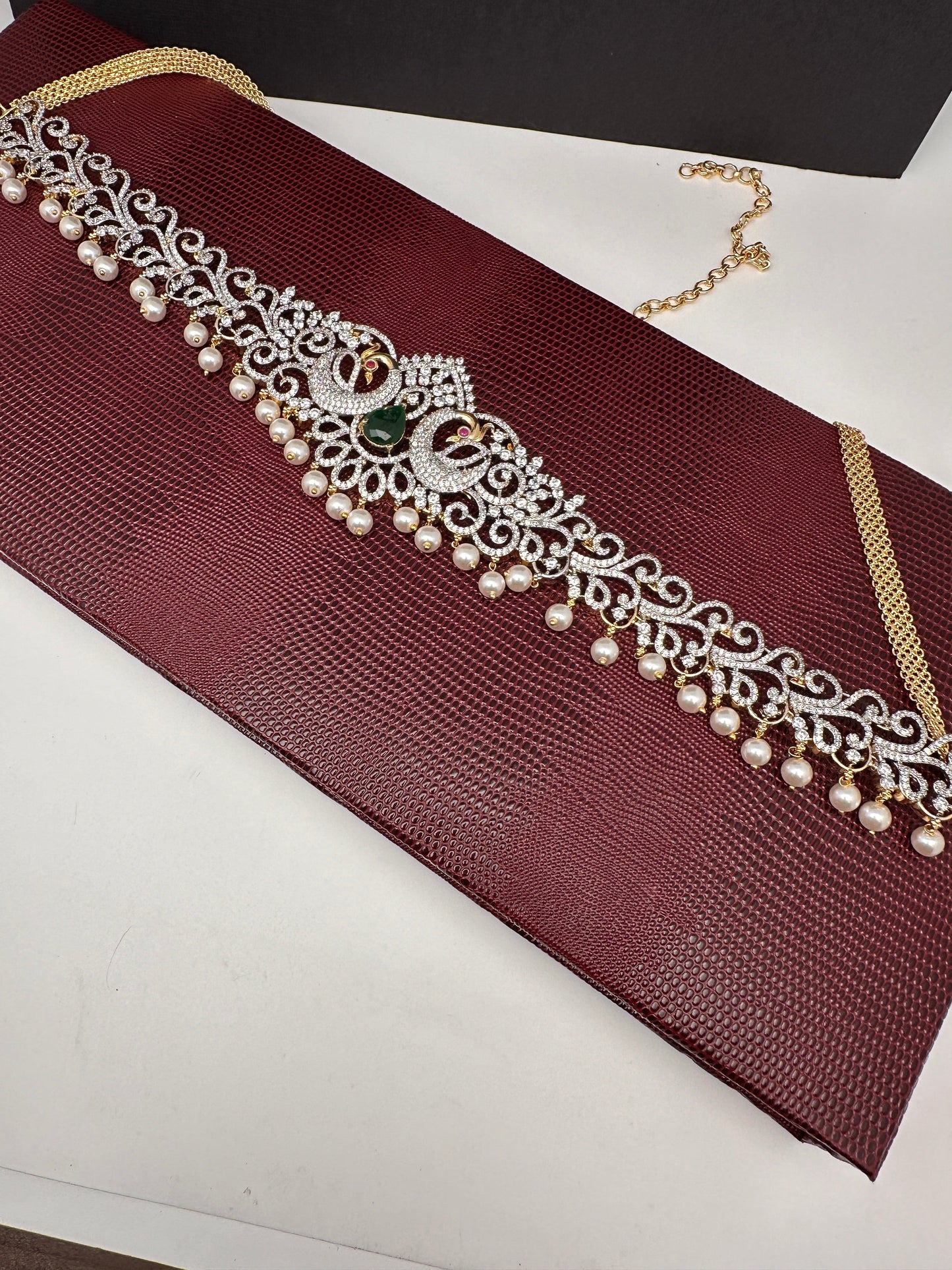AD Ganga Jamuna Polish Color Stone Pearls Peacock Design Hip Chain Kamarbandh - Green