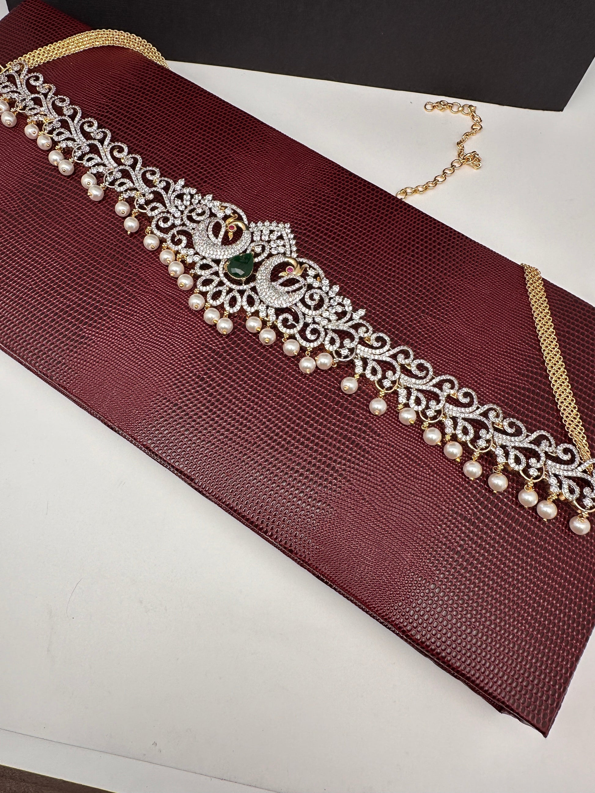AD Ganga Jamuna Polish Color Stone Pearls Peacock Design Hip Chain Kamarbandh - Green