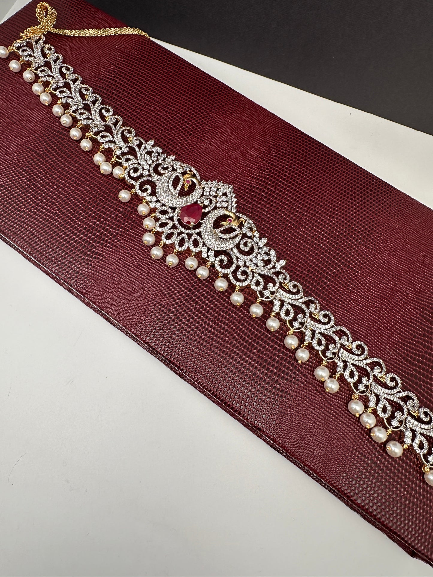 AD Ganga Jamuna Polish Color Stone Pearls Peacock Design Hip Chain Kamarbandh - Red