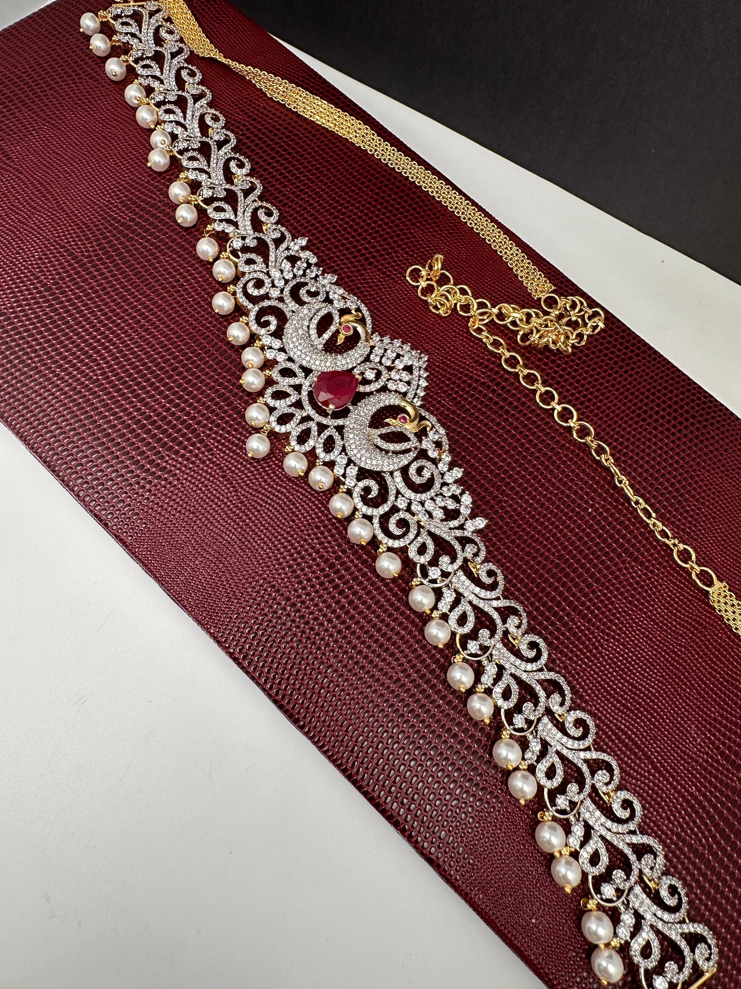 AD Ganga Jamuna Polish Color Stone Pearls Peacock Design Hip Chain Kamarbandh - Red