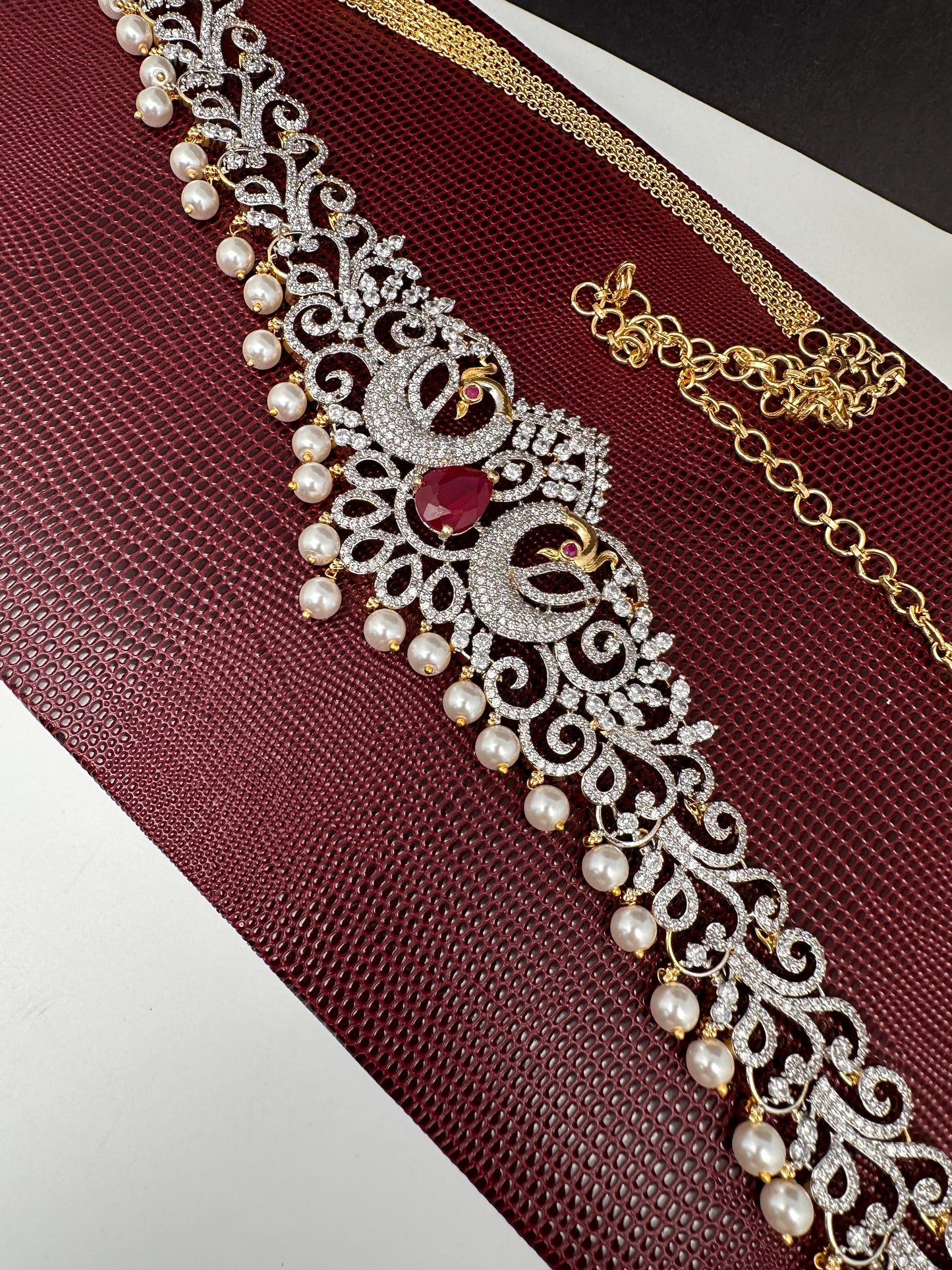 AD Ganga Jamuna Polish Color Stone Pearls Peacock Design Hip Chain Kamarbandh - Red