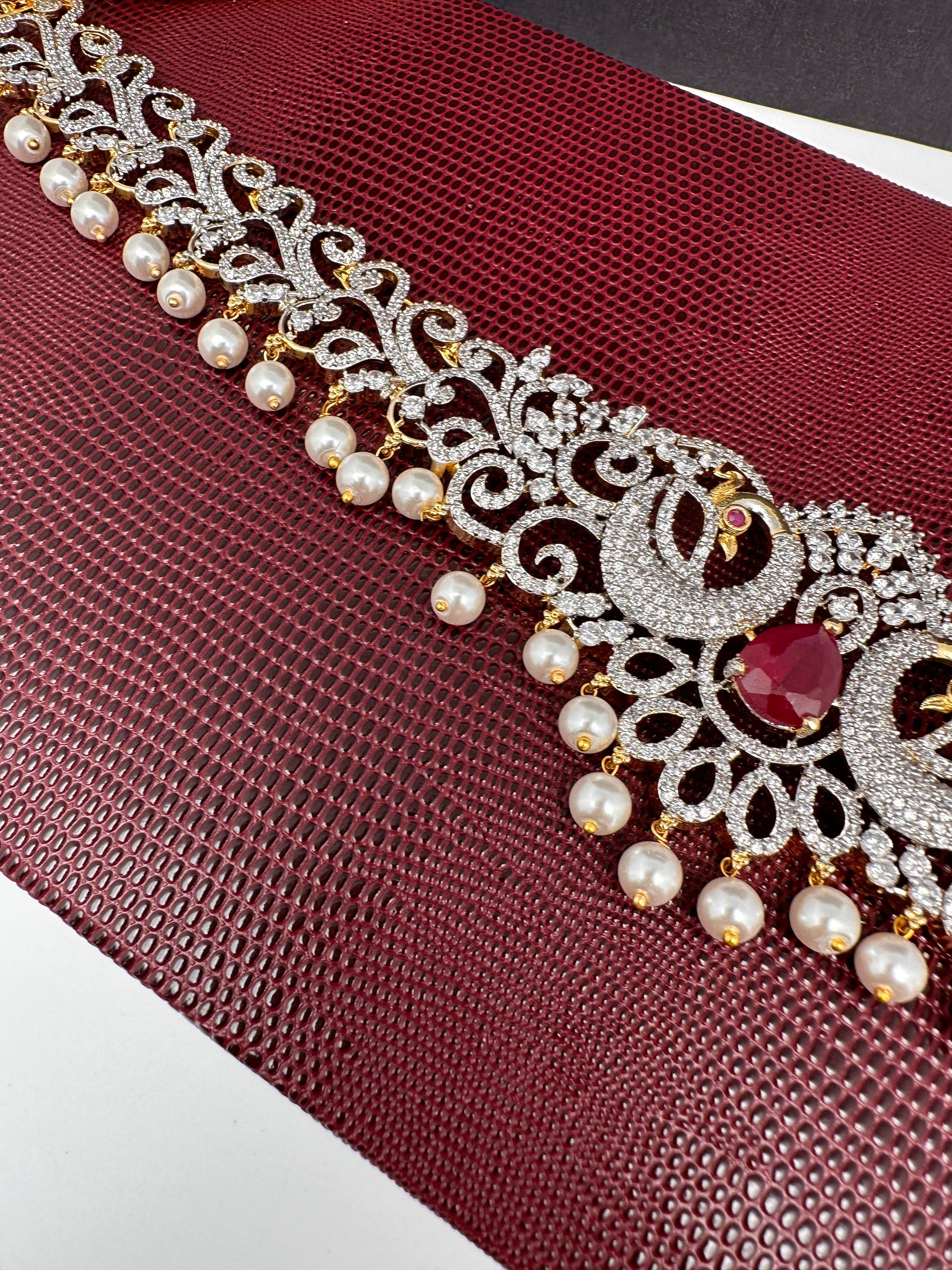AD Ganga Jamuna Polish Color Stone Pearls Peacock Design Hip Chain Kamarbandh - Red