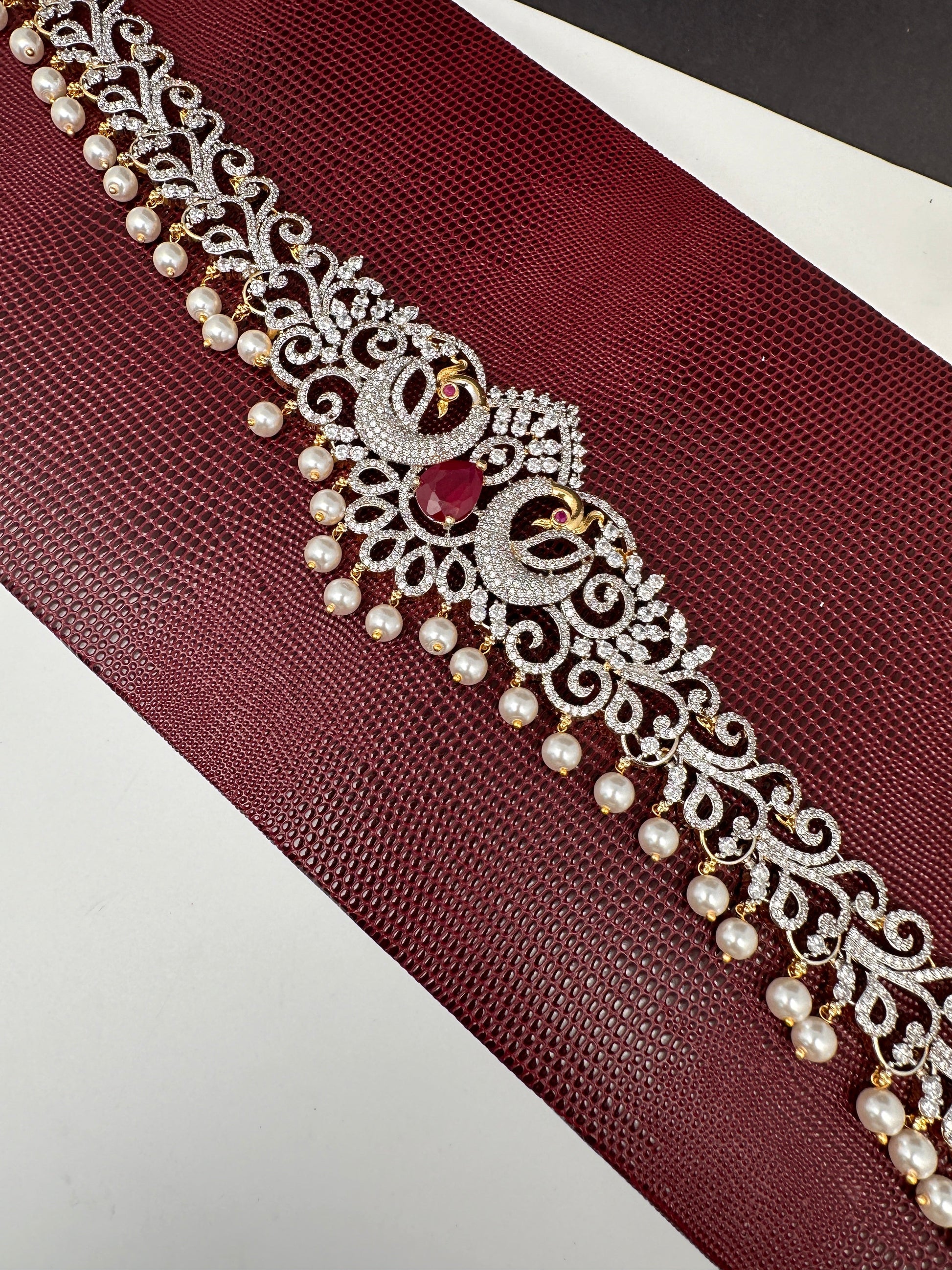 AD Ganga Jamuna Polish Color Stone Pearls Peacock Design Hip Chain Kamarbandh - Red
