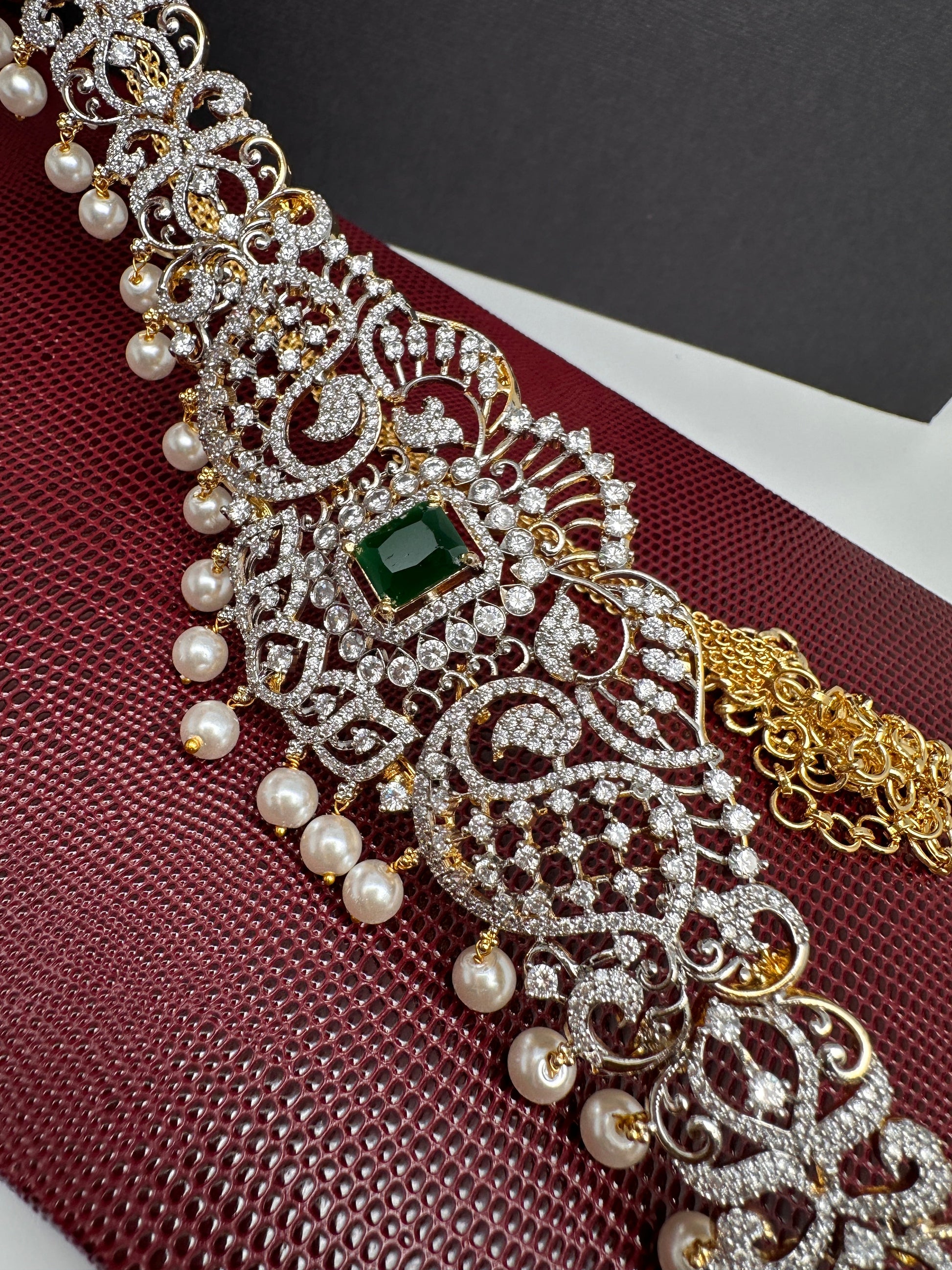 AD Ganga Jamuna Polish Color Stone Pearls Peacock Design Hip Chain Kamarbandh - Green
