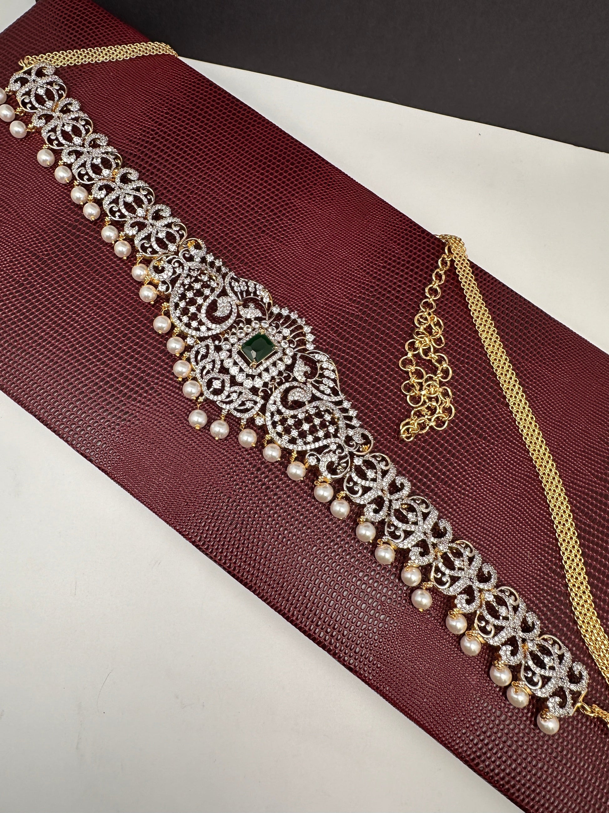 AD Ganga Jamuna Polish Color Stone Pearls Peacock Design Hip Chain Kamarbandh - Green