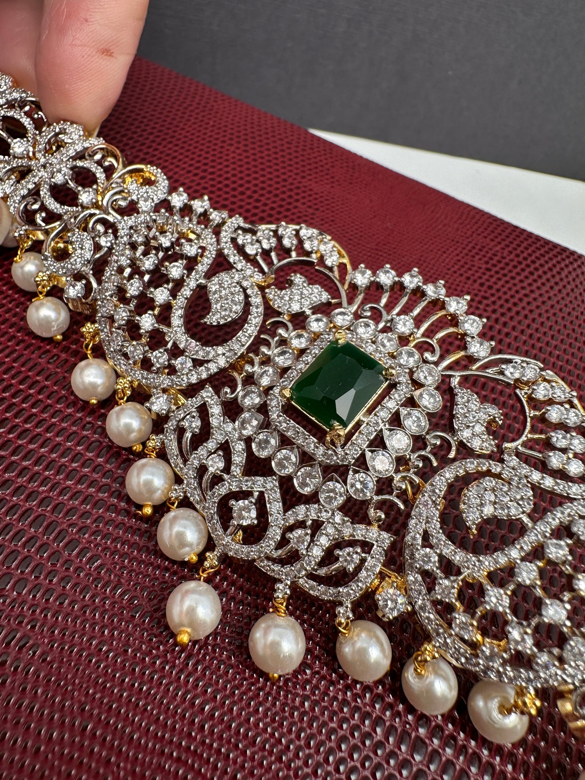 AD Ganga Jamuna Polish Color Stone Pearls Peacock Design Hip Chain Kamarbandh - Green