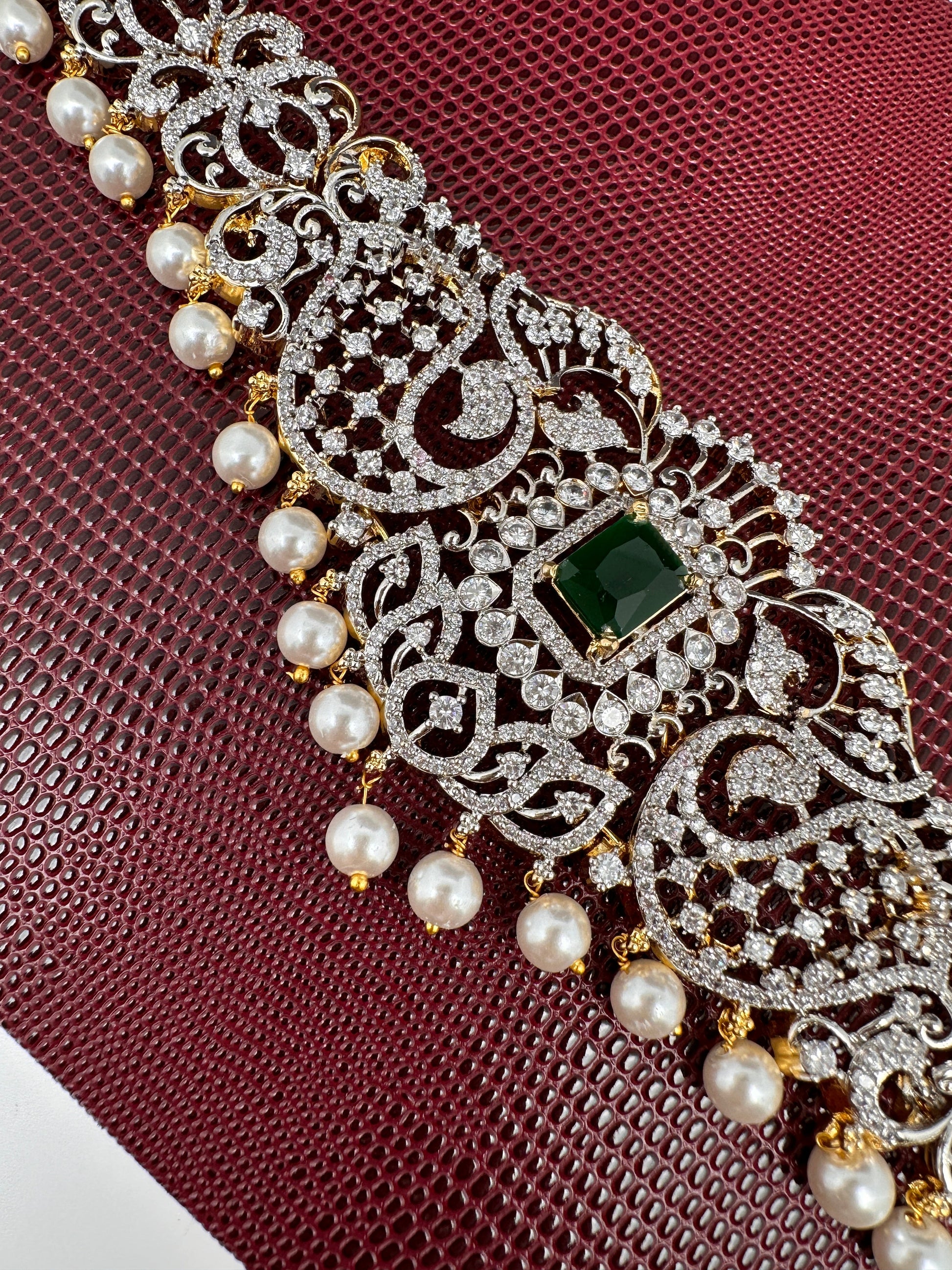 AD Ganga Jamuna Polish Color Stone Pearls Peacock Design Hip Chain Kamarbandh - Green