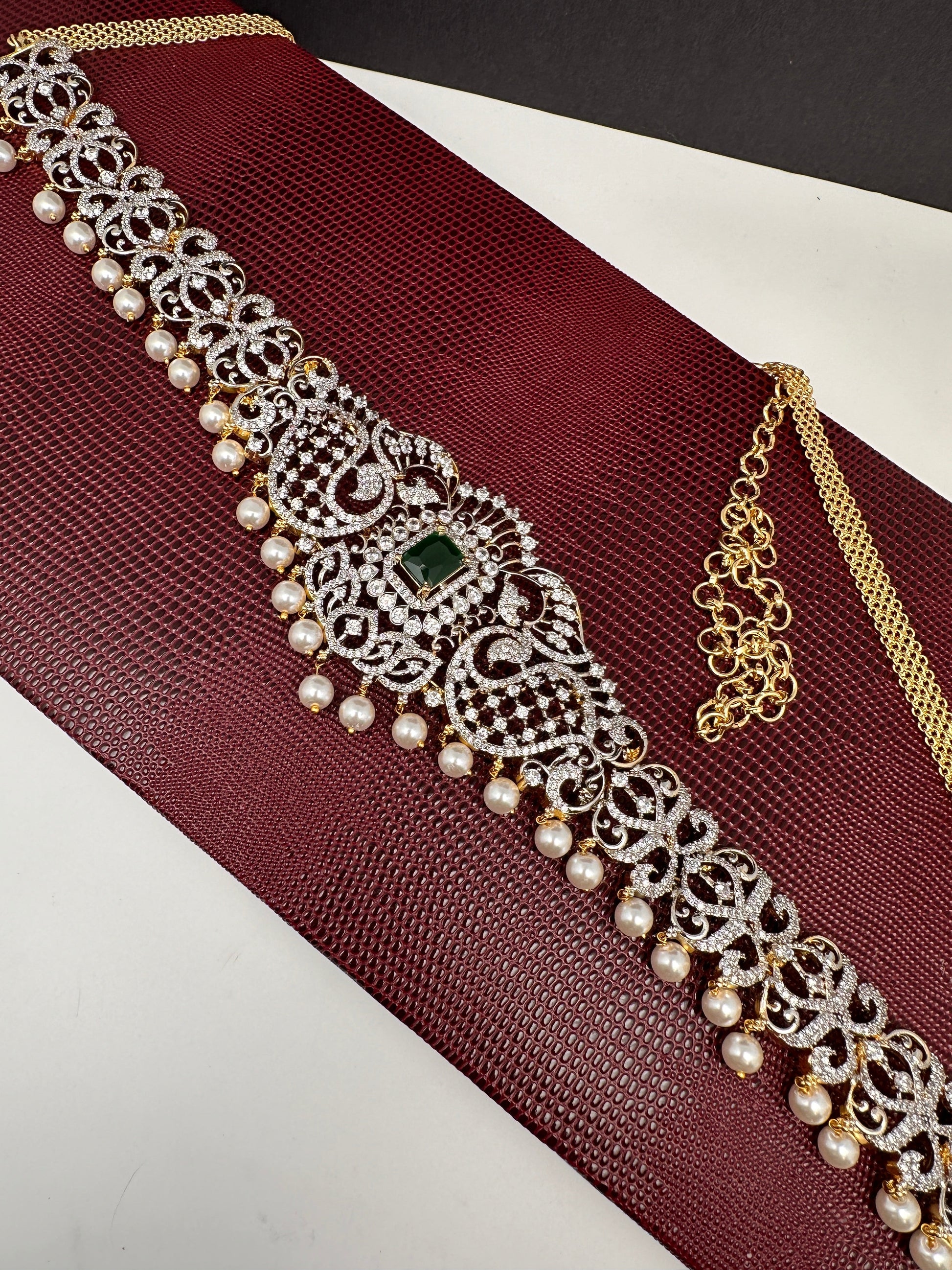 AD Ganga Jamuna Polish Color Stone Pearls Peacock Design Hip Chain Kamarbandh - Green