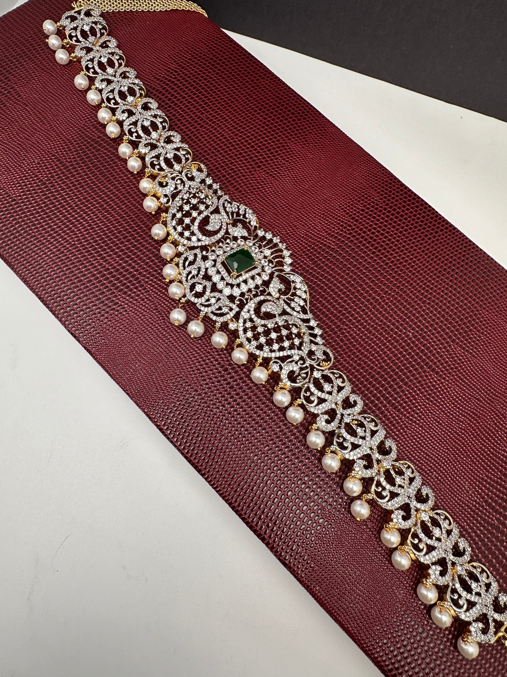 AD Ganga Jamuna Polish Color Stone Pearls Peacock Design Hip Chain Kamarbandh - Green