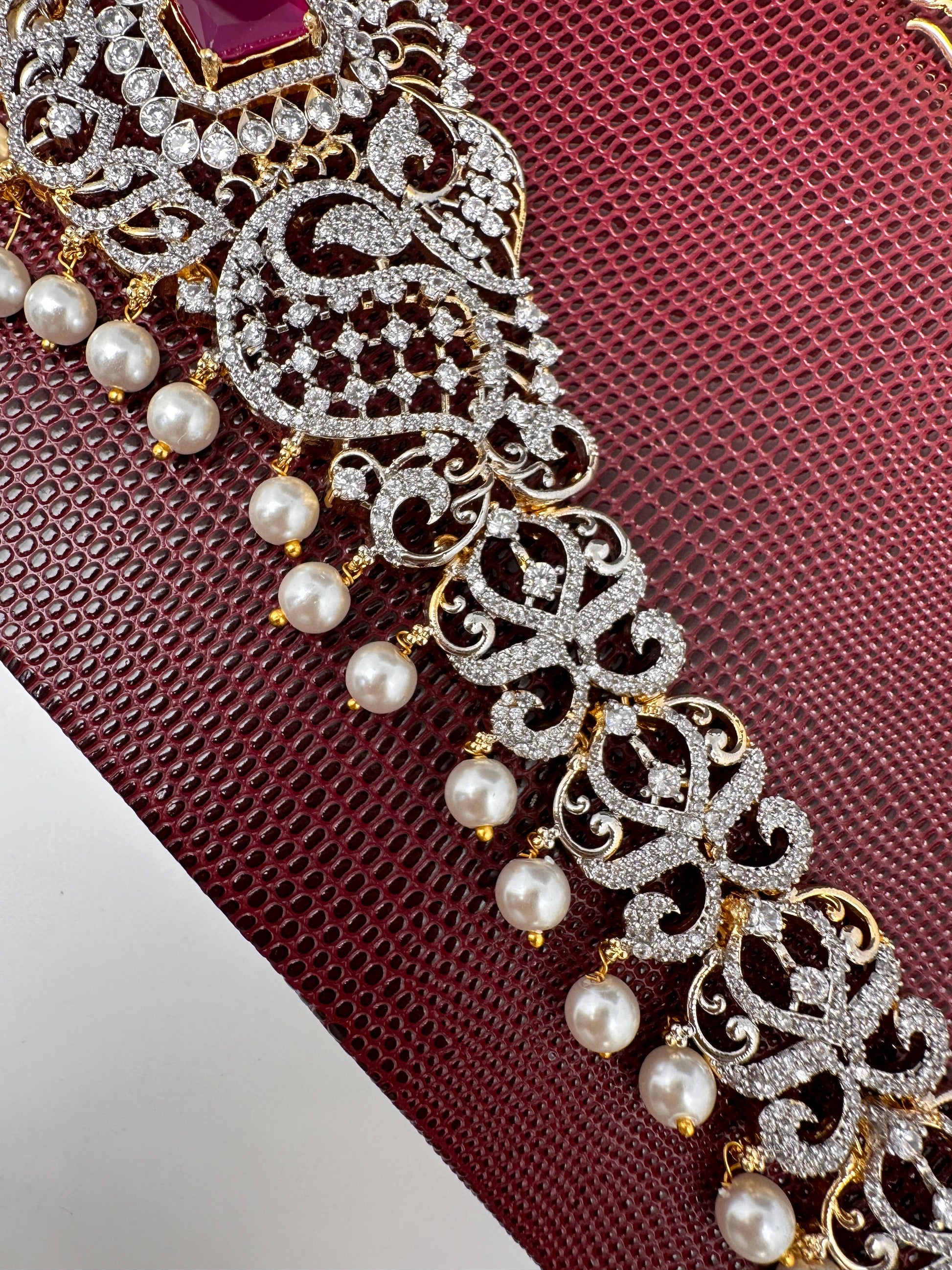 AD Ganga Jamuna Polish Color Stone Pearls Peacock Design Hip Chain Kamarbandh - Red