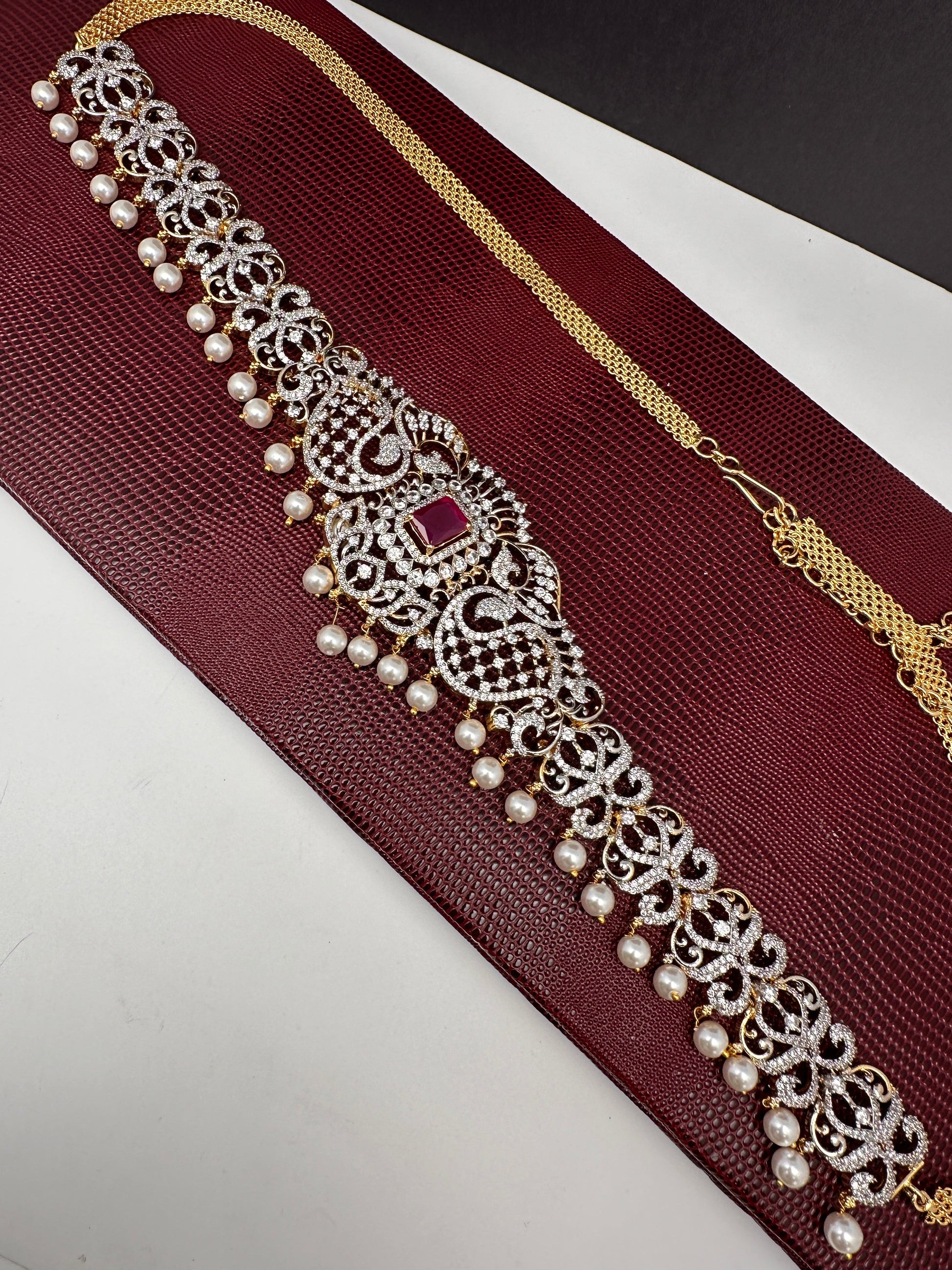 AD Ganga Jamuna Polish Color Stone Pearls Peacock Design Hip Chain Kamarbandh - Red
