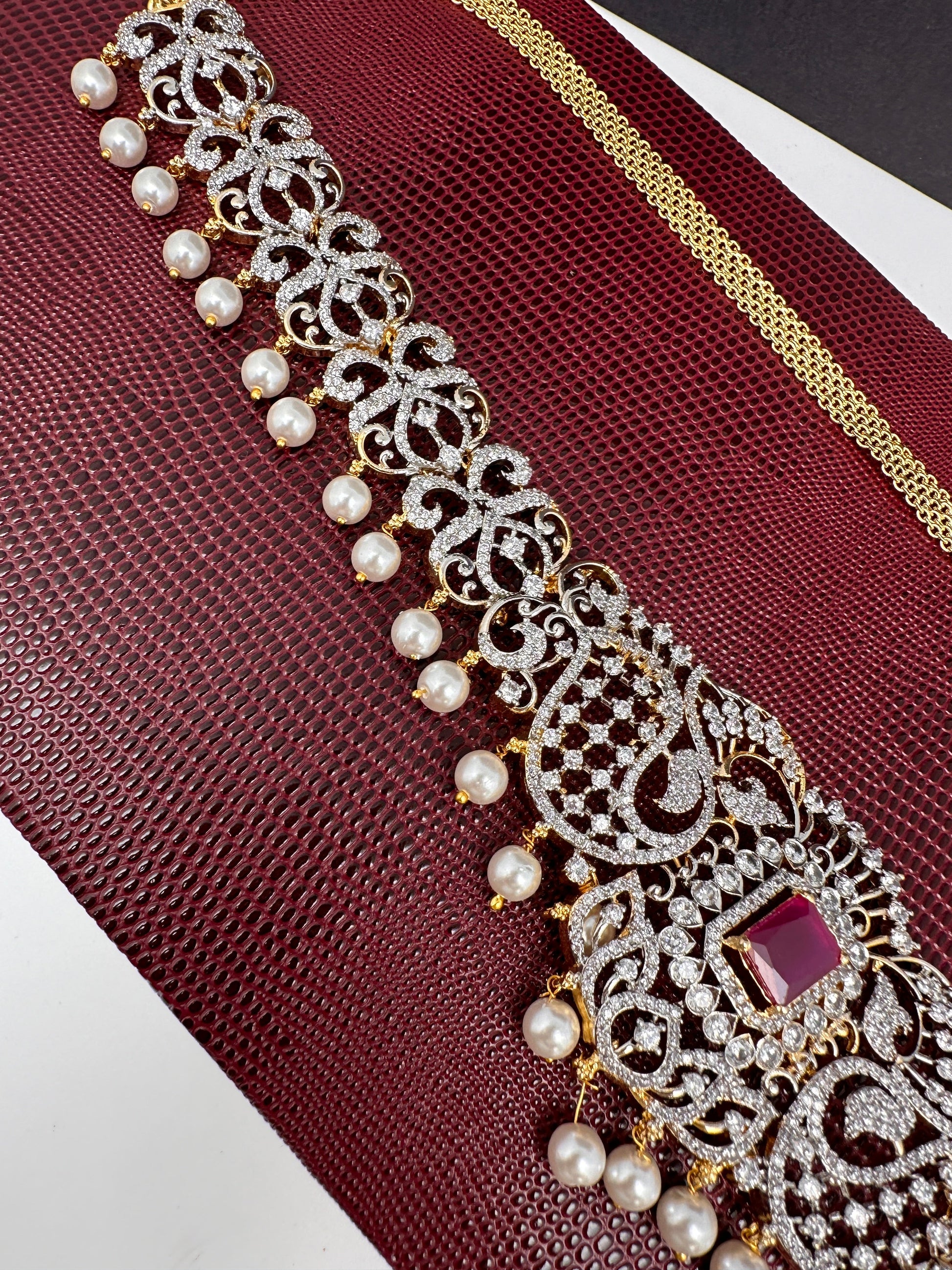 AD Ganga Jamuna Polish Color Stone Pearls Peacock Design Hip Chain Kamarbandh - Red