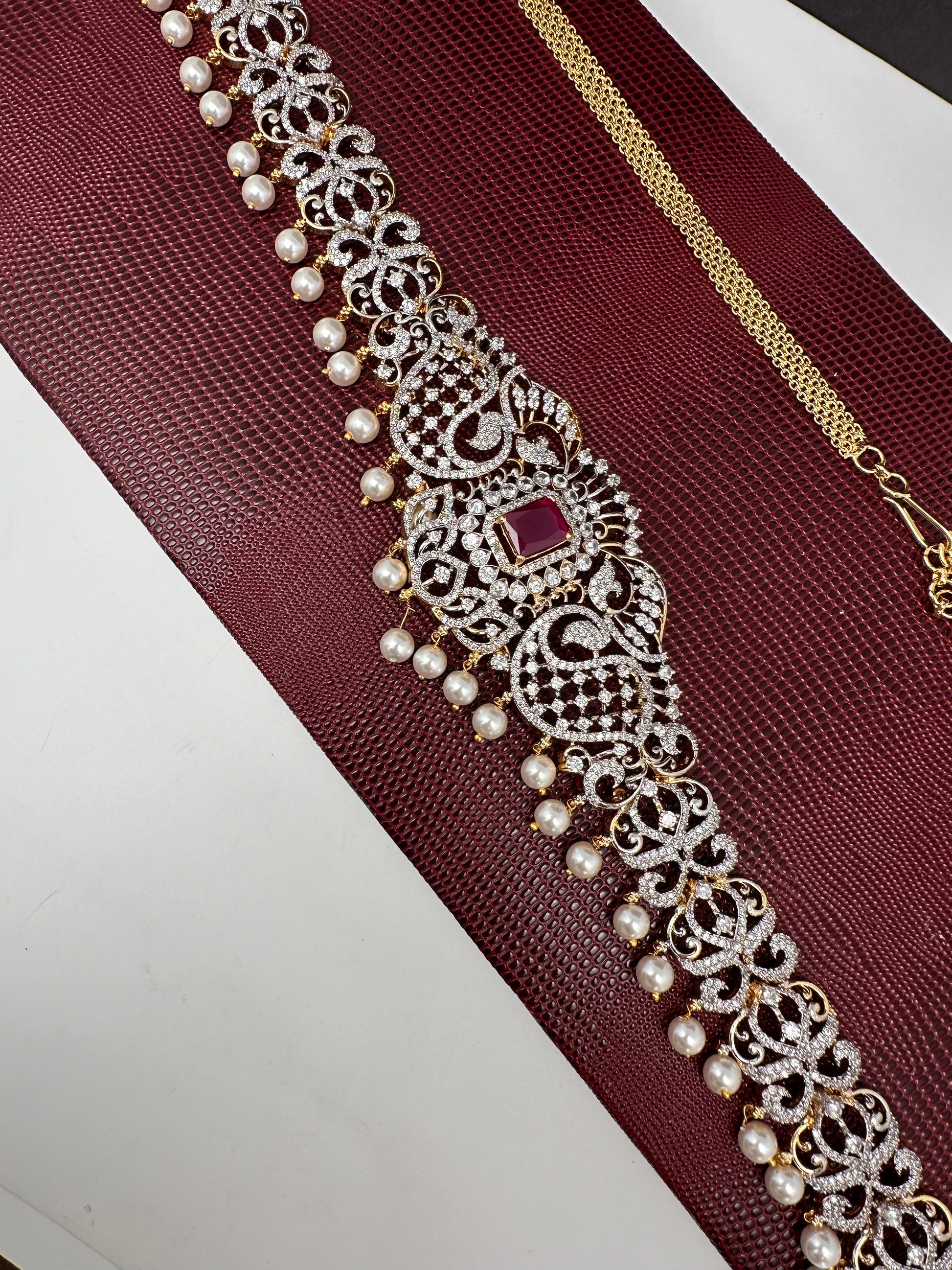 AD Ganga Jamuna Polish Color Stone Pearls Peacock Design Hip Chain Kamarbandh - Red
