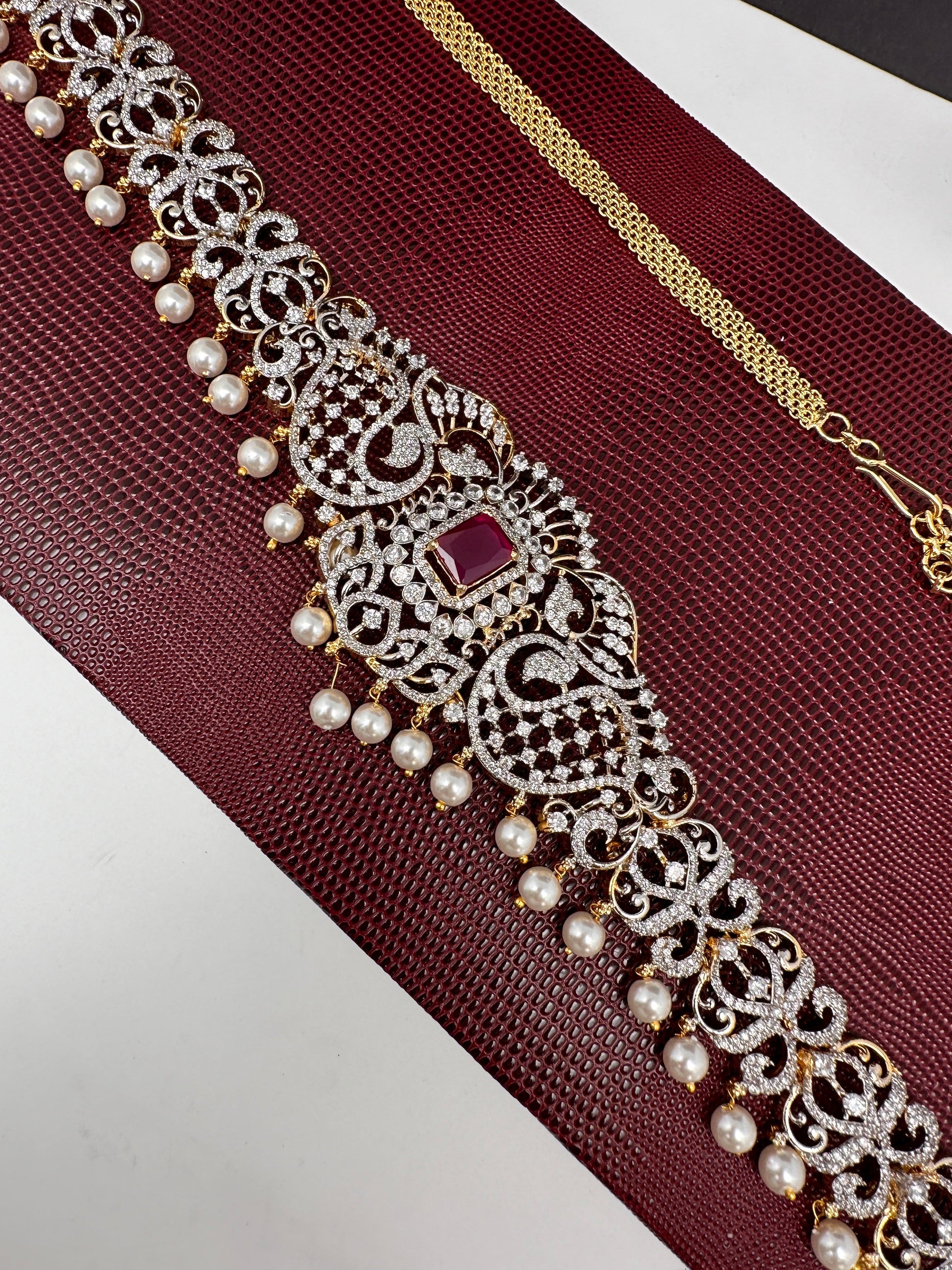 AD Ganga Jamuna Polish Color Stone Pearls Peacock Design Hip Chain Kamarbandh - Red