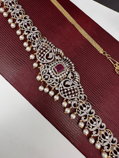 AD Ganga Jamuna Polish Color Stone Pearls Peacock Design Hip Chain Kamarbandh - Red