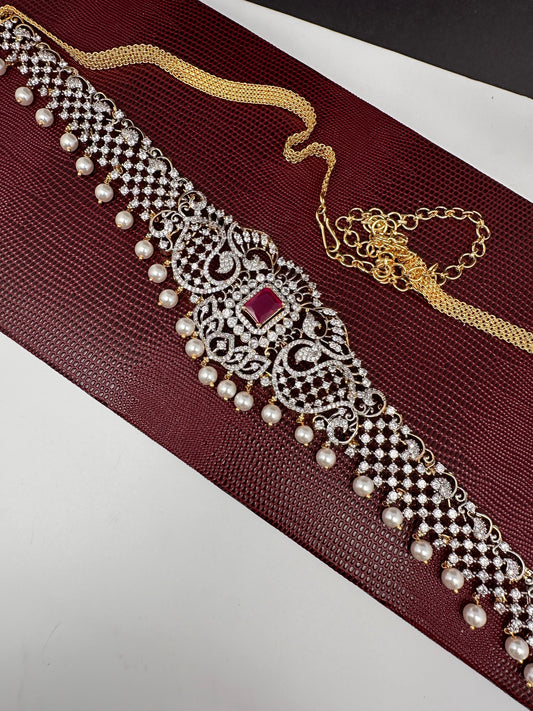 AD Ganga Jamuna Polish Color Stone Pearls Hip Chain Kamarbandh - Red