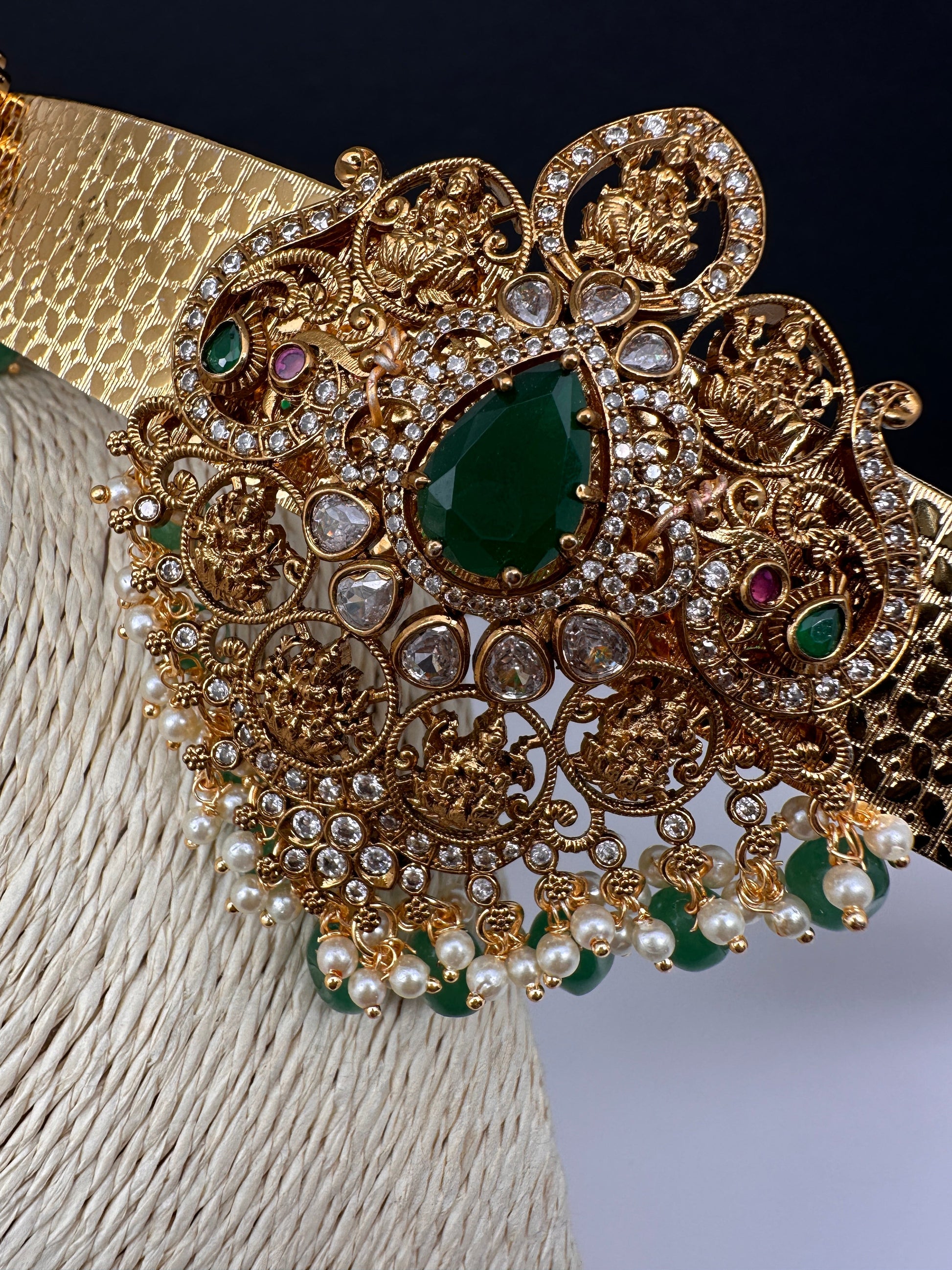 Goddess Lakshmi AD Color Stone Motif Hip Belt Vaddanam - Green